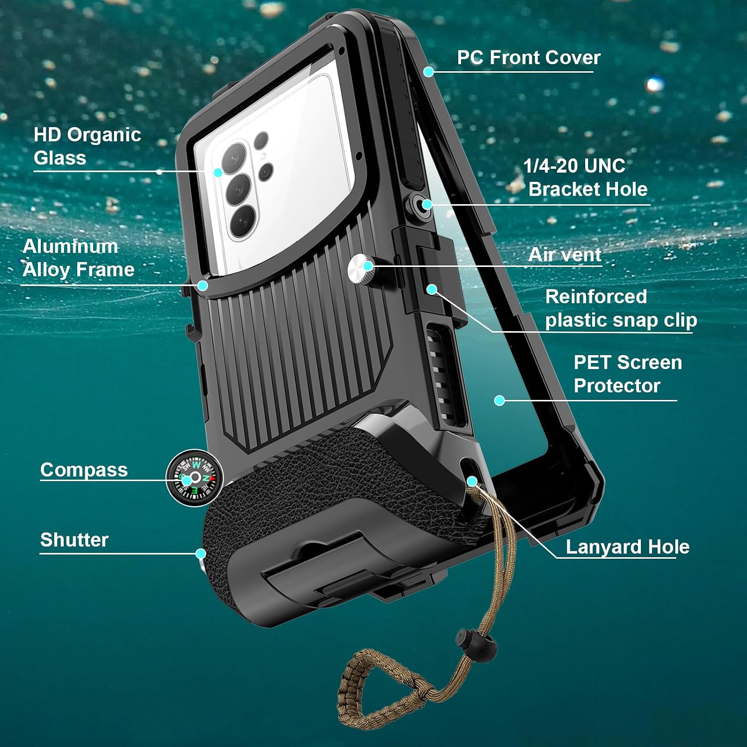 ShellBox Case 2026 IP68 Diving Phone Case, 50FT 1H Underwater Photography for Samsung Galaxy S26/S25/S24/S23 Ultra/Plus, Fit 5.4"-6.9" Right Volume Button Phones, Air Vent Sensitive Touch,Black
