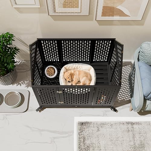 Miniatura 4 de Jaula de acero indestructible de 44 pulgadas para perros, a prueba de escape, a prueba de mordidas, para interiores con doble puerta para perros de