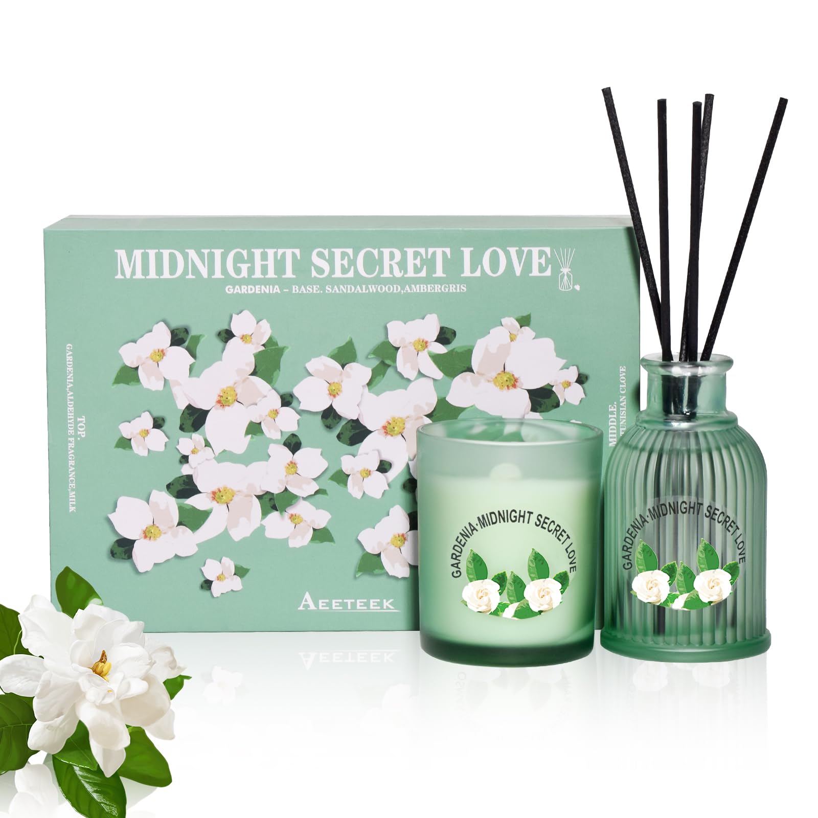 Aeeteek Gardenia Reed Diffuser Set 3.5oz Aroma & Jar Candle Sets Elegant Floral Scent Home Fragrance Essential Oil with 5pcs Fiber Sticks Classic Aromatherapy Scented Candles Gifts for Decor