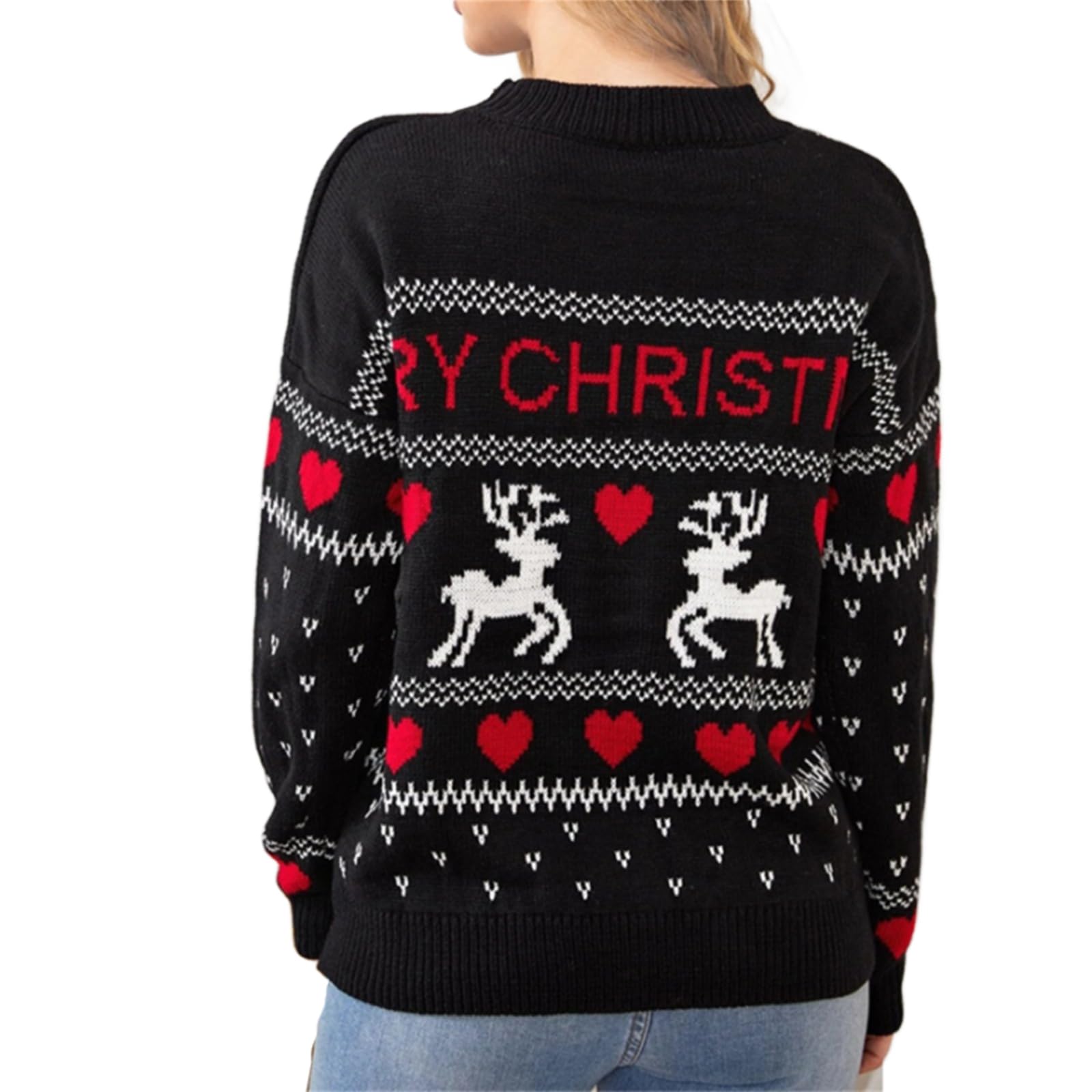 Suéter de punto con diseño de reno navideño para mujer, cuello de manga larga, suéter informal de gran tamaño
