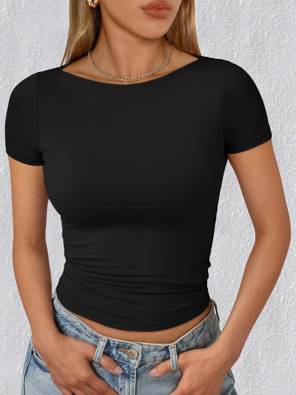 Womens Boat Neck Short Sleeve T-Shirts Going Out Tops Compression Summer Y2k Basic Clothes 2025