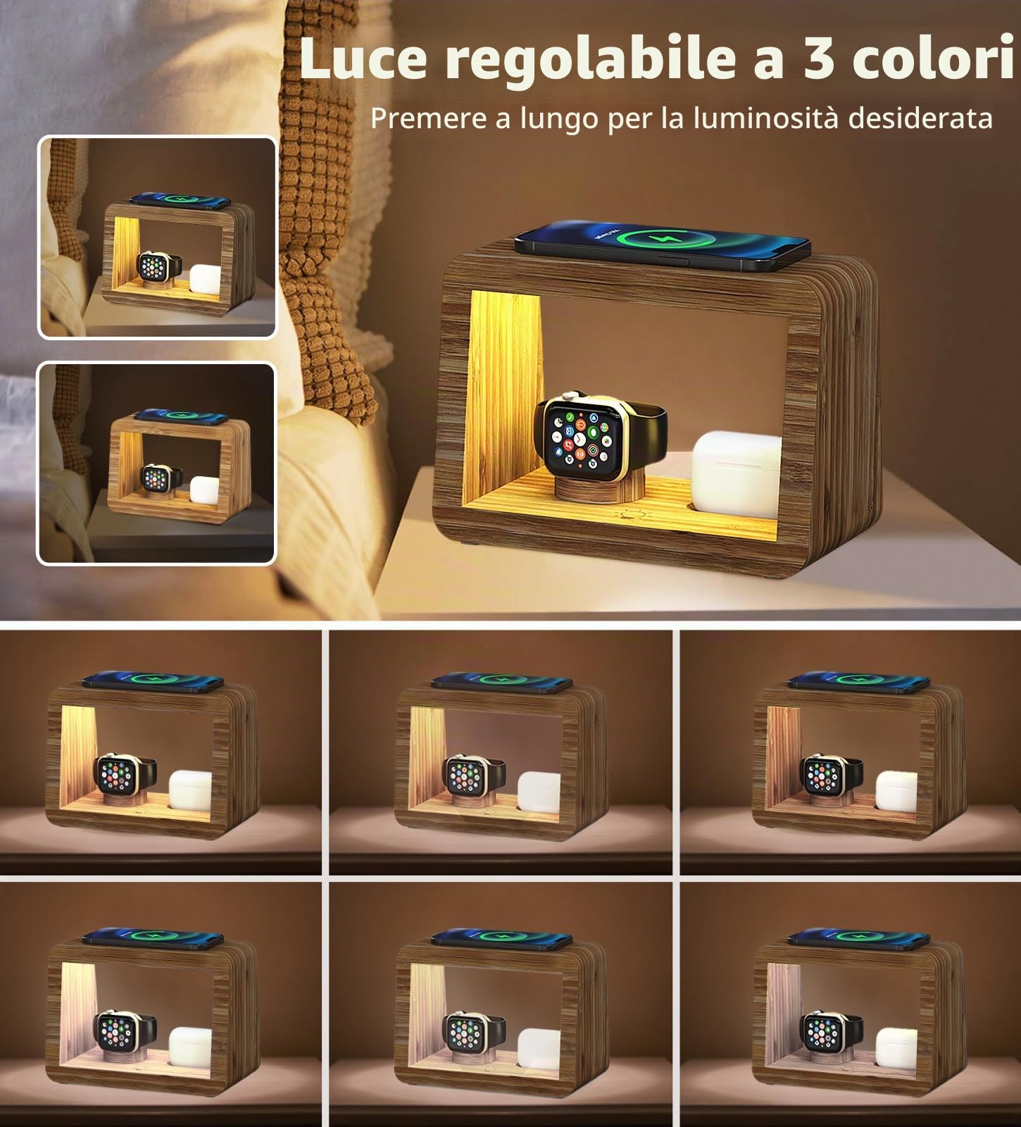 Stazione di ricarica senza fili, lampada da scrivania Alltripal 15 W, caricabatterie wireless veloce, luce notturna con 3 colori e luminosità regolabile, stazione di ricarica per iPhones/Air Podes