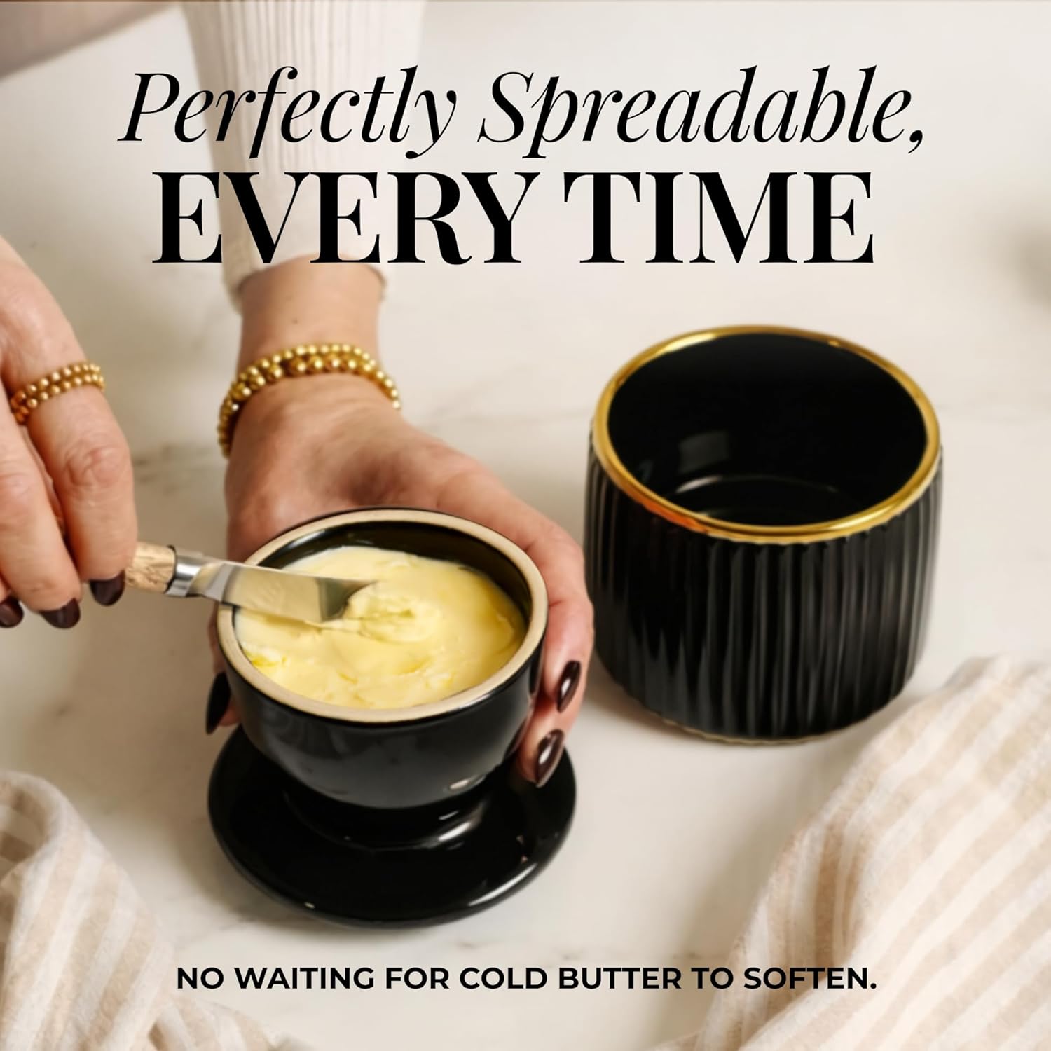 Butter Dish with Lid for Countertop – Black and Gold Ceramic French Butter Crock, Airtight Water Seal, Vintage-Style Counter Butter Keeper, Beautiful Gift for Kitchen Lovers