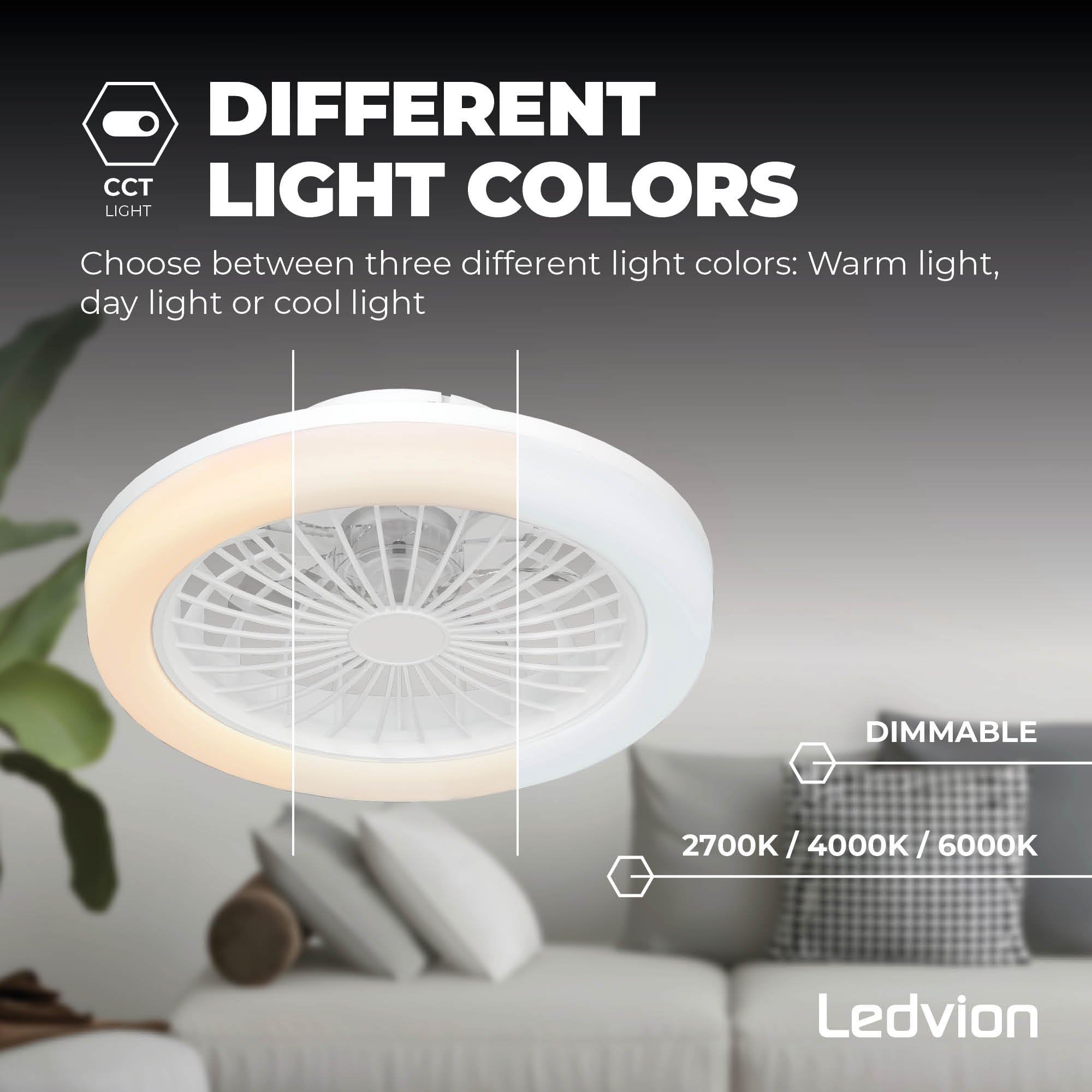 Ledvion - Ventilador de Techo con luz, 42cm, Blanco, 24W, 2500Lm, (2700k/4000K/6000K), 3 temperaturas de luz, 5 velocidades, Temporizador, Mando, Verano-Invierno