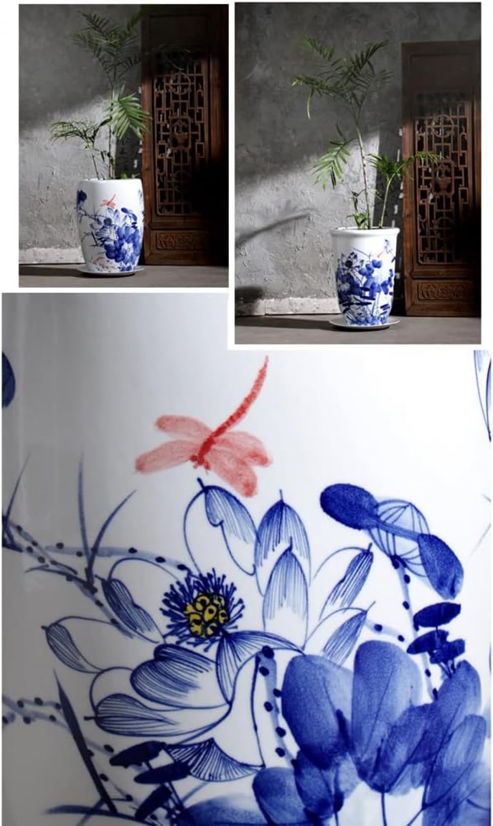 Ceramiczna doniczka w stylu Chinoiserie, niebiesko-biała, ceramiczna doniczka dekoracyjna z otworem drenażowym - E, B,D