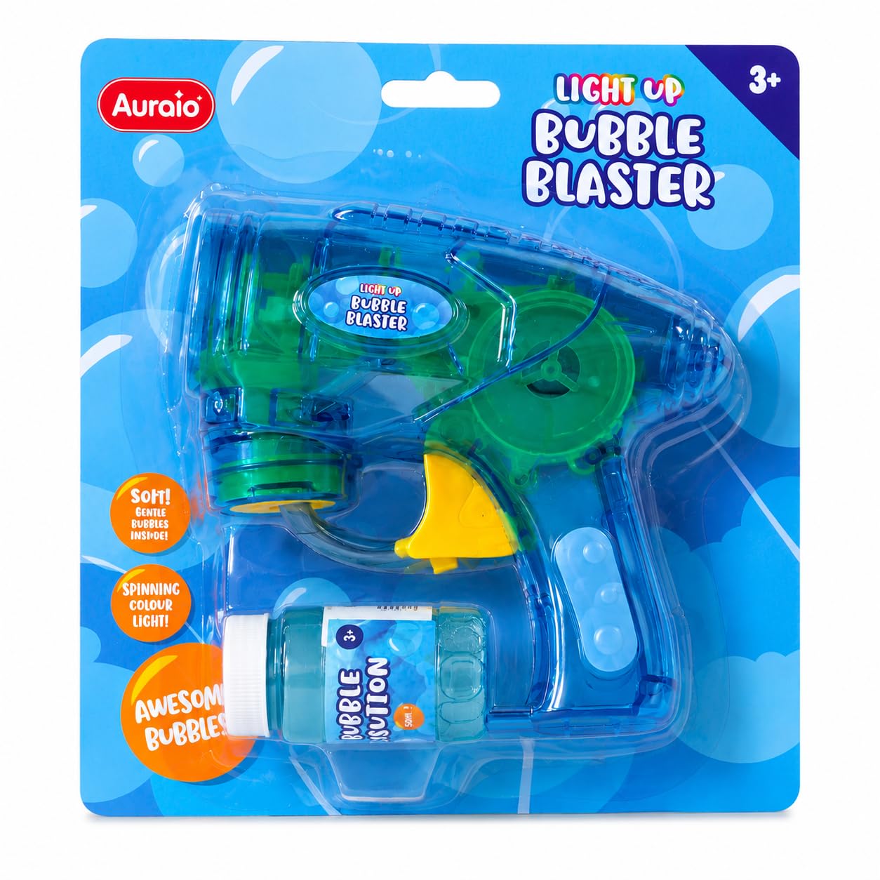Auraio Light Up Bubble Blaster Gun with Spinning Color Light and 50ml Bubble Solution - LED Bubble Blower Machine Toy for Toddlers and Kids Ages 3 and Up