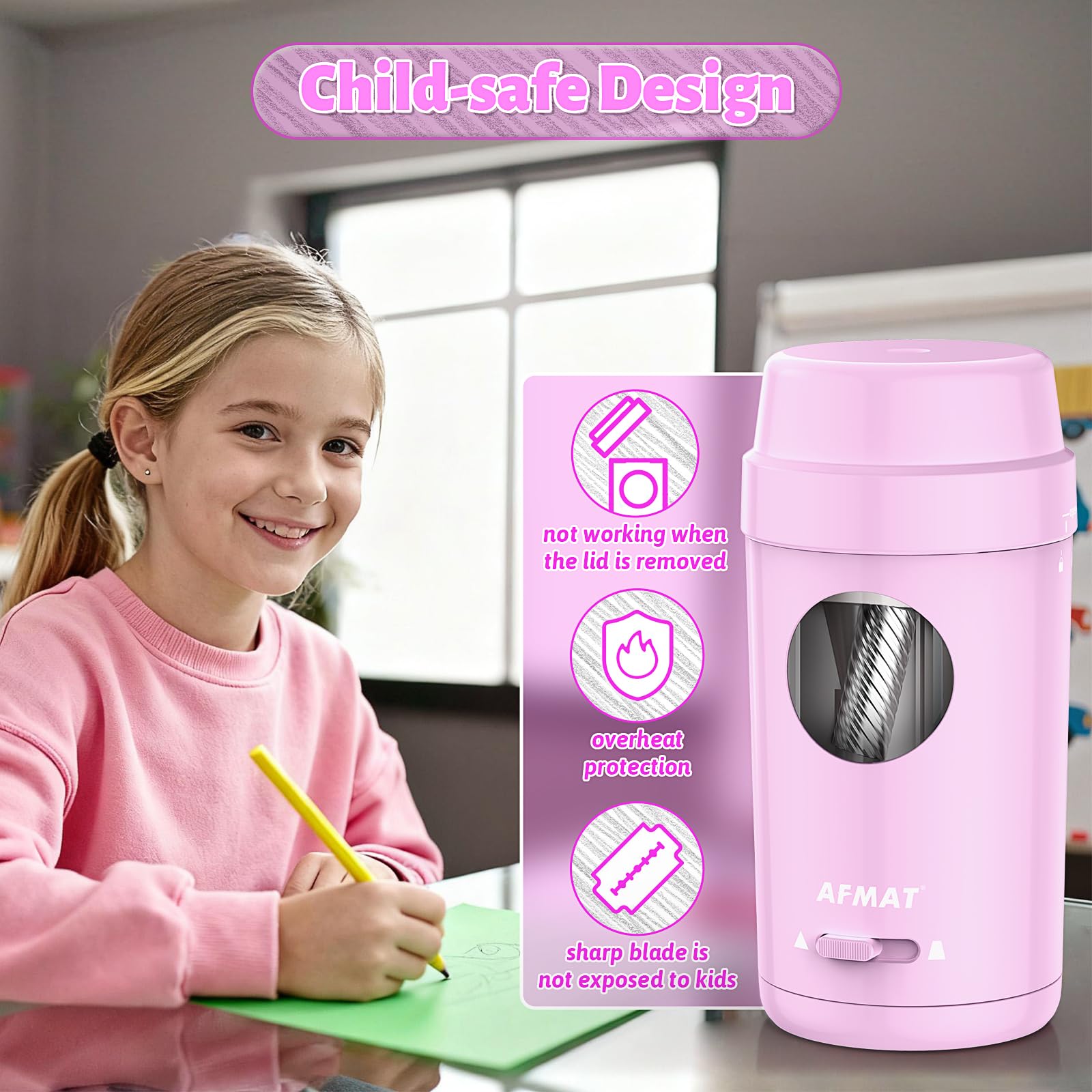 AFMAT Temperamatite elettrico completamente automatico, temperamatite elettrico con contenitore per matite da 7-8 mm, ricaricabile e portatile, grazioso temperamatite da scrivania per bambini/artisti