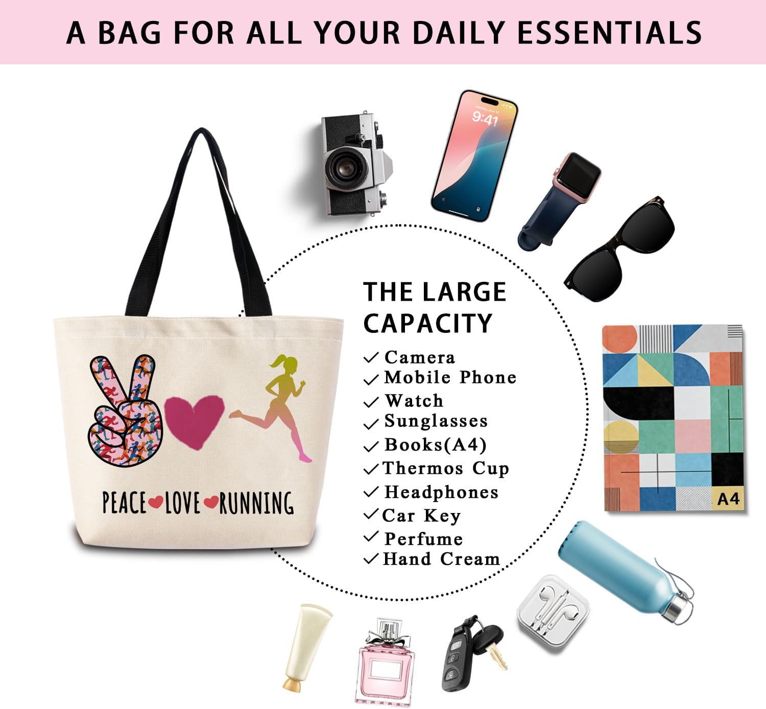 Peace Love Running Tote Bag Reusable Grocery Bags Aesthetic Shopping Shoulder Handbag with Interior Zipper Pocket Stylish Running-themed Present for Runners Marathon Lovers Women - Image 7