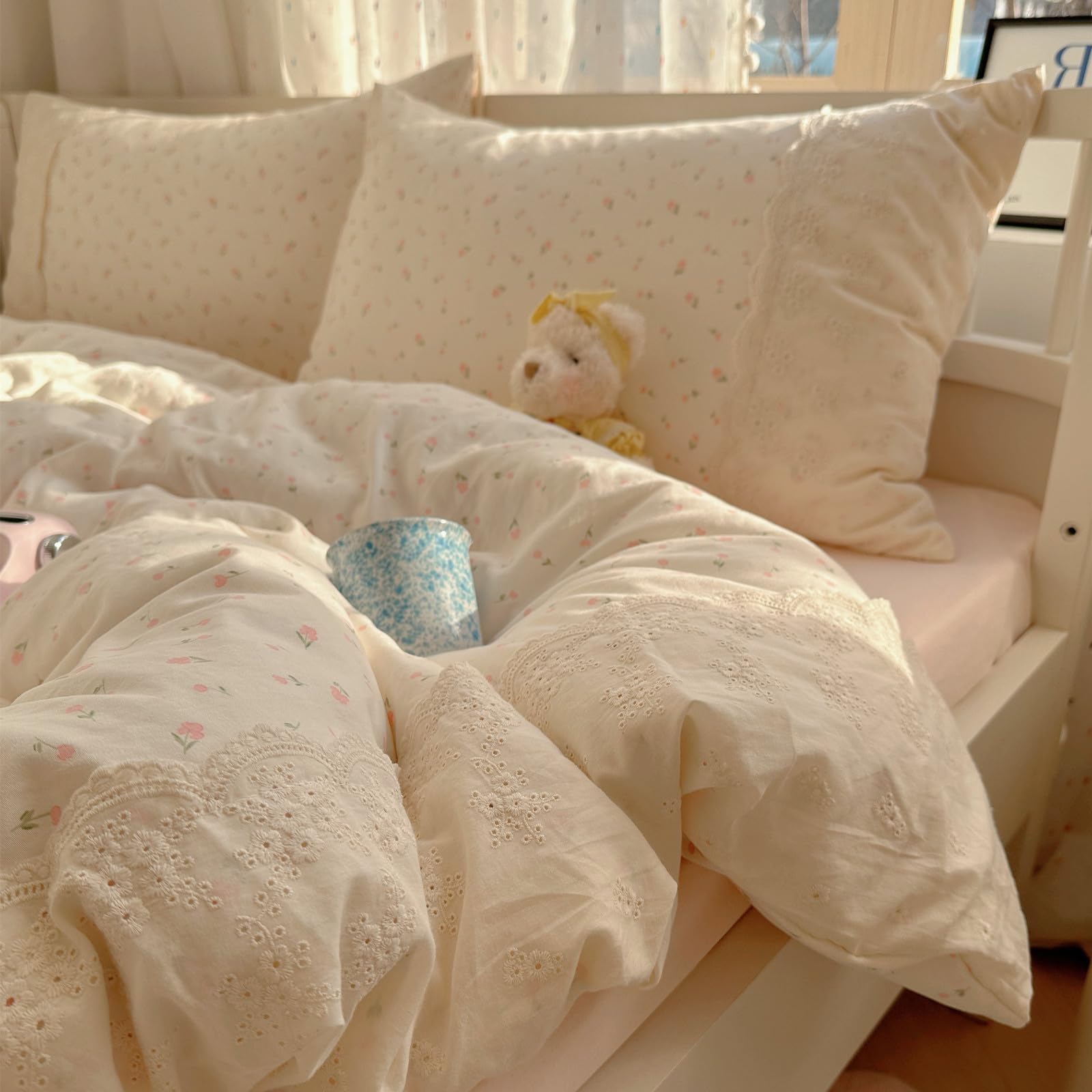 VM VOUGEMARKET Lace Duvet Cover Set Twin XL Size for Teenage Girls Pink Flower Bedding Set Soft Lightweight Washed Microfiber Romantic Princess Duvet Cover with Zipper Ties-68"x90"