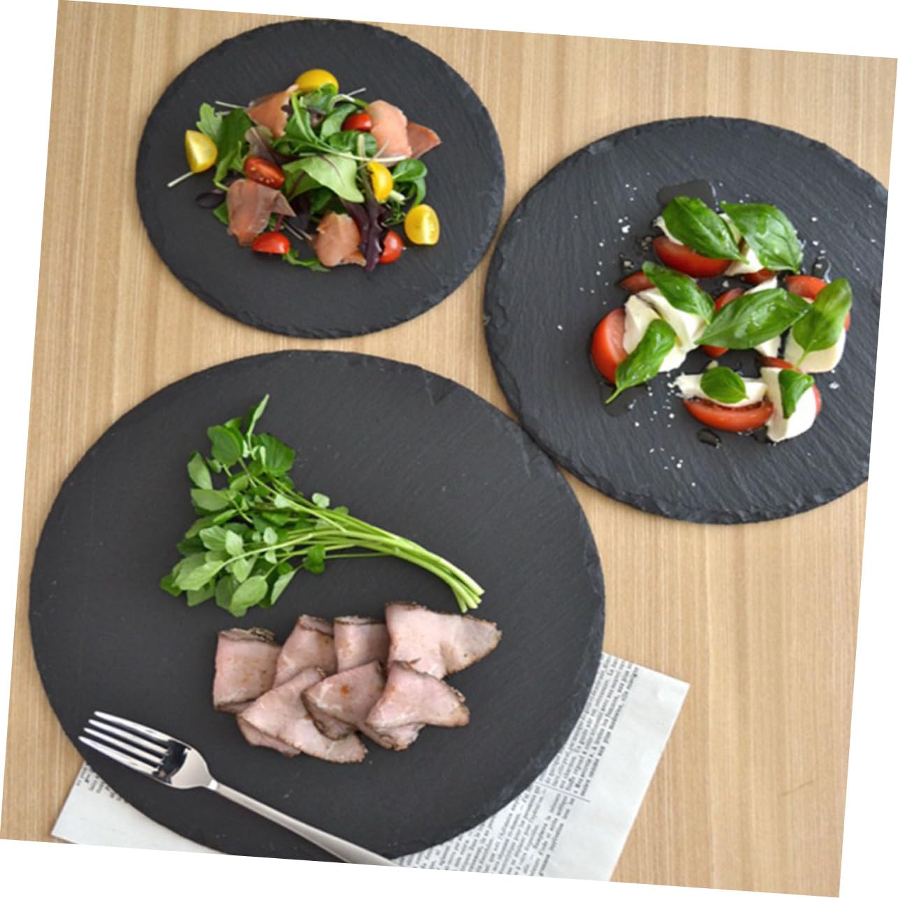 COLLBATH Platos Redondos de Pizarra Natural Pack de 2 Unidades para Servir Carne y Sushi, Material Resistente y Fácil de Limpiar Adecuado para Hogar y Restaurante