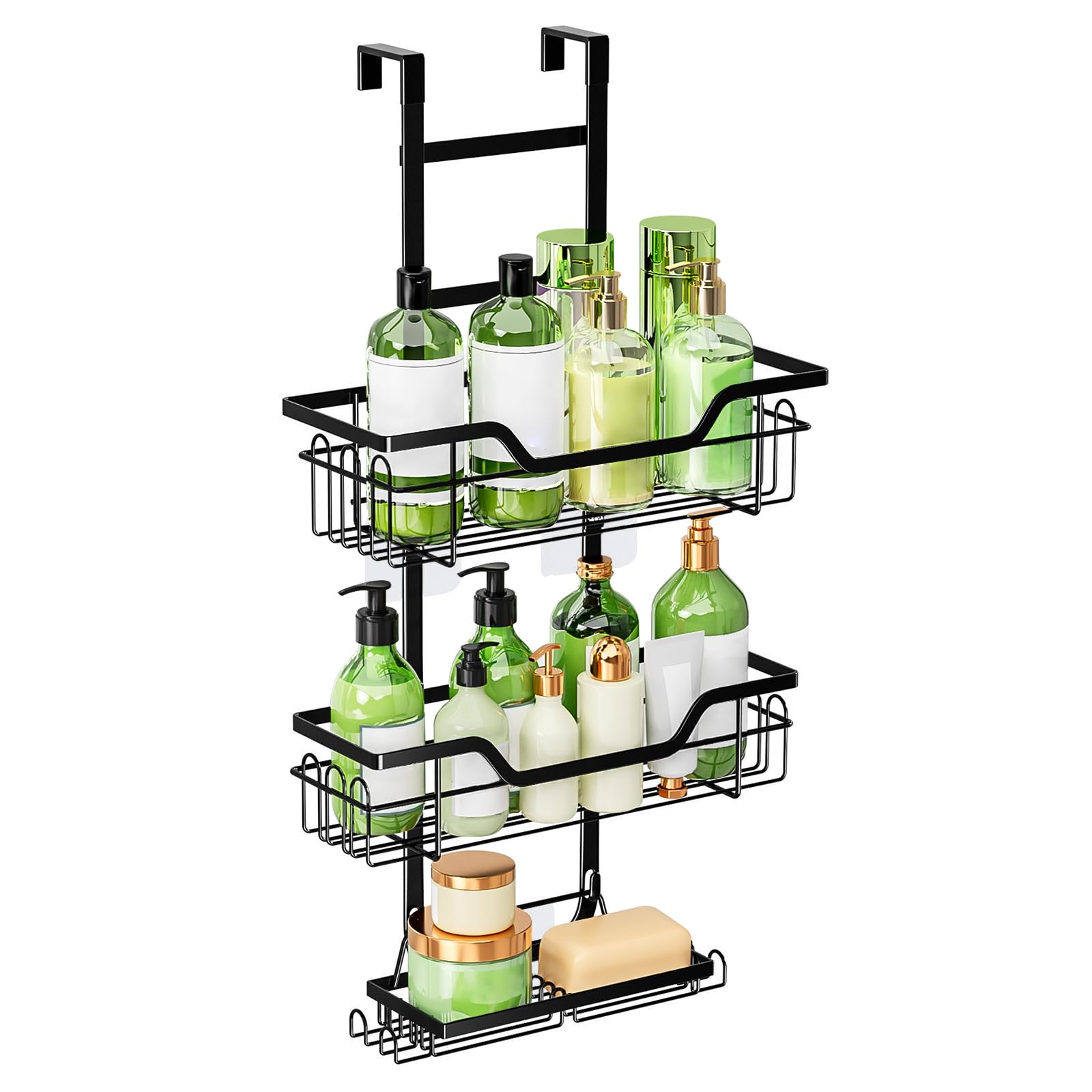 Mddk Dy Black Shower Caddy Hanging – 3-Tier Over-Door Rustproof Shower Organiser, No-Drill Bathroom Storage Shelf For Shampoo, Soap & Toiletries,