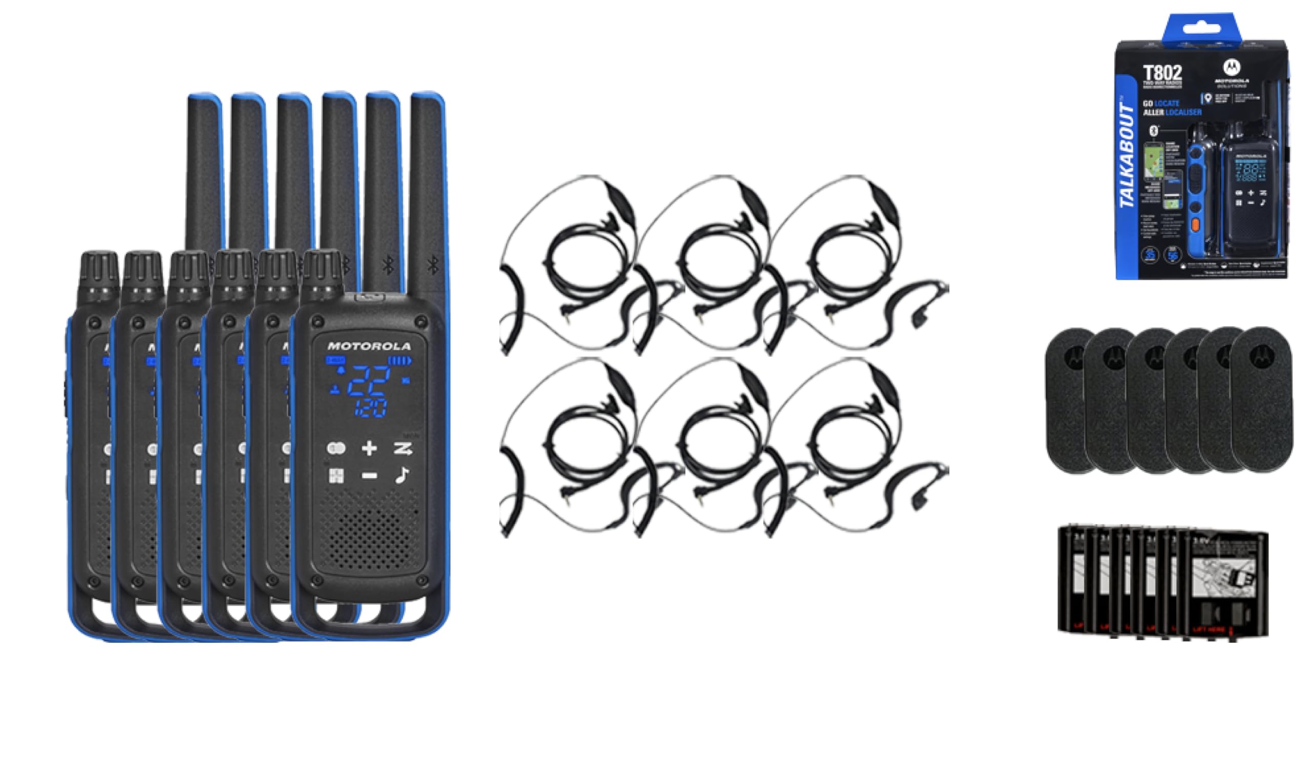 Motorola Solutions, Talkabout T802, Portable FRS Two Way Radio 6 Pack Walkie Talkies Blue/Black 22 Channels 6 PTT Curl Earpieces