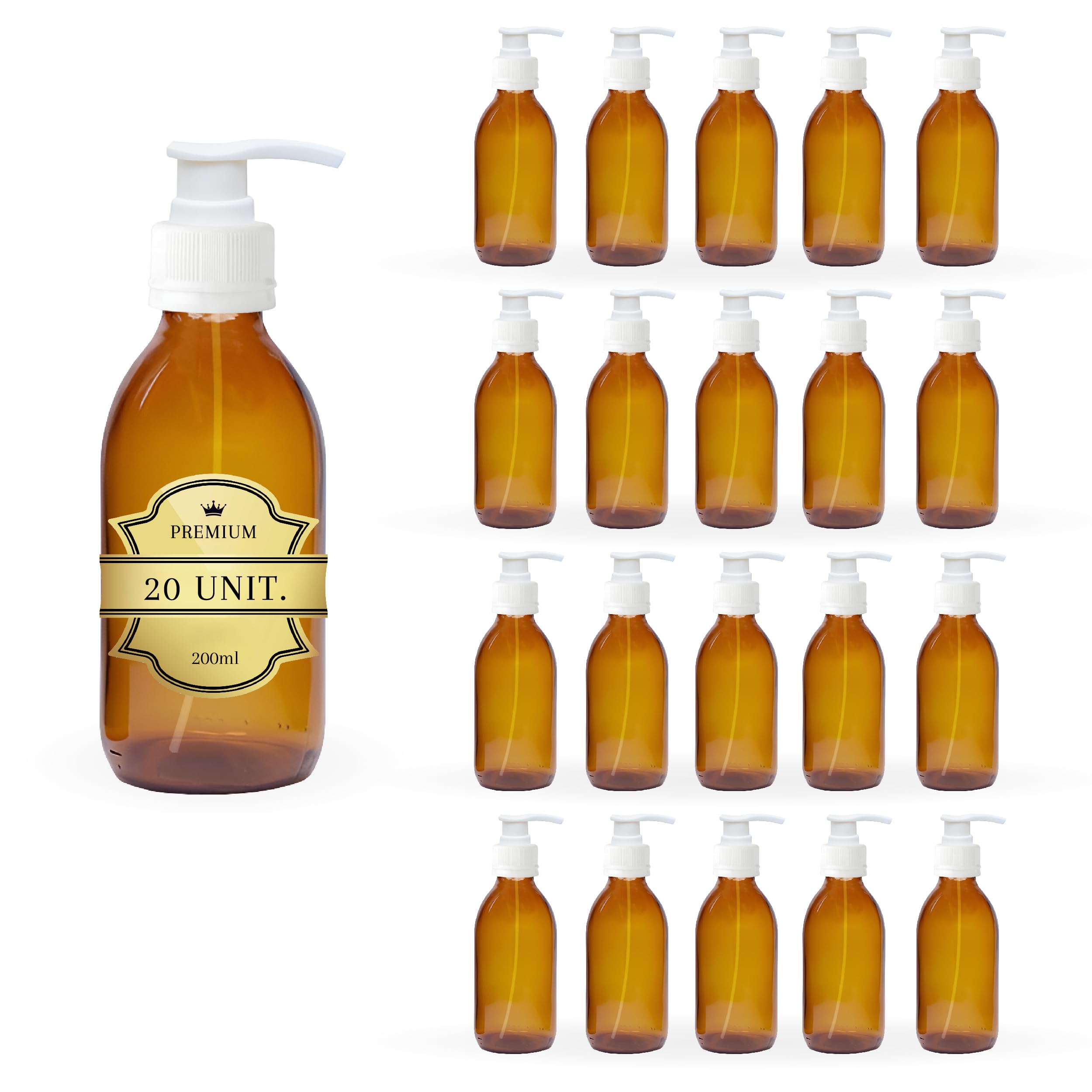 Espirito Rebelde 20x Botella de cristal ámbar de 200 ml con tapa de bomba dosificadora - Botella para aceites esenciales, cosméticos, productos para el baño, dispensador de jabón - Skincare