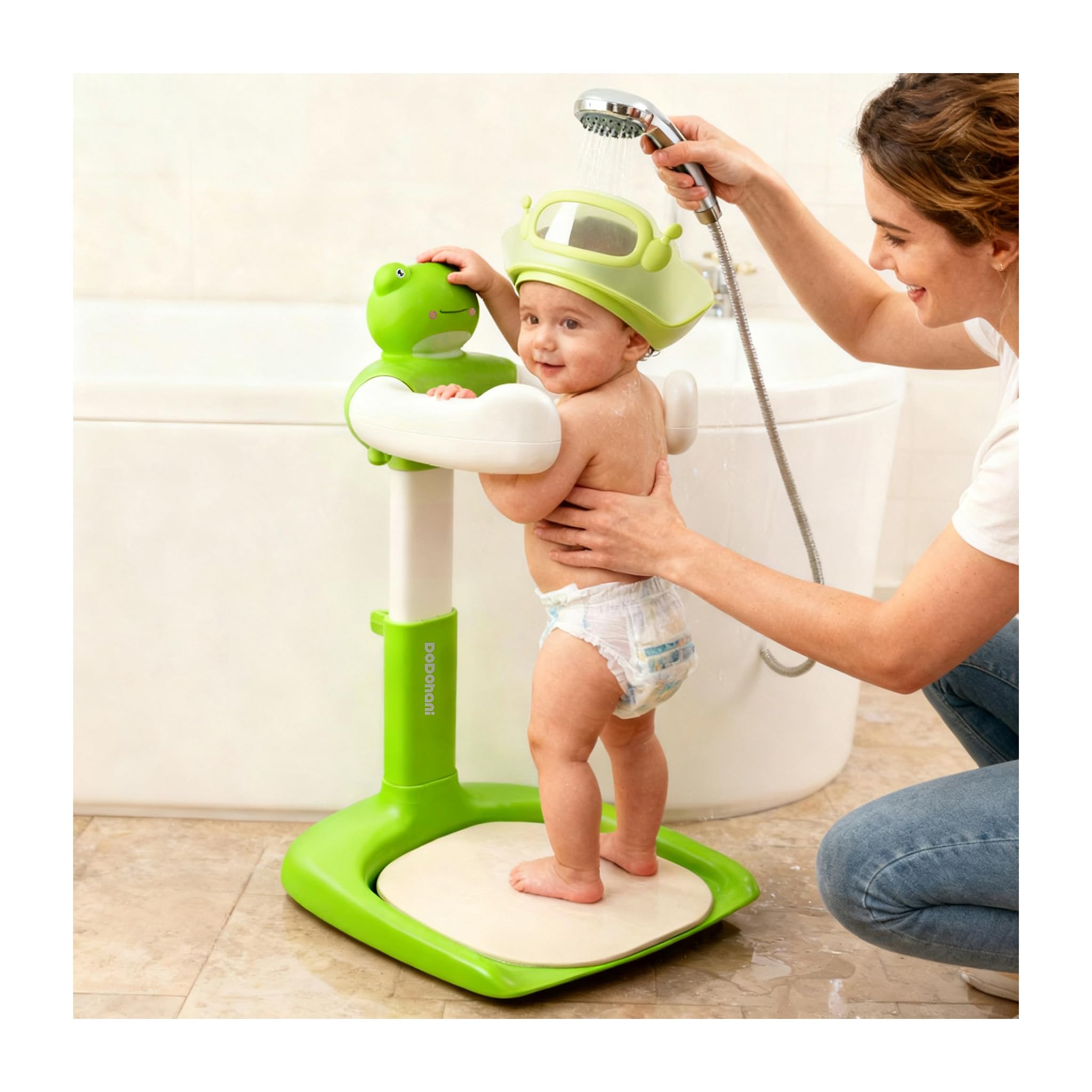 Baby Shower Stand Baby Bath Standing Support with Anti-Slip Soft Mat for 6-36 Months Adjustable Stable Easy Setup
