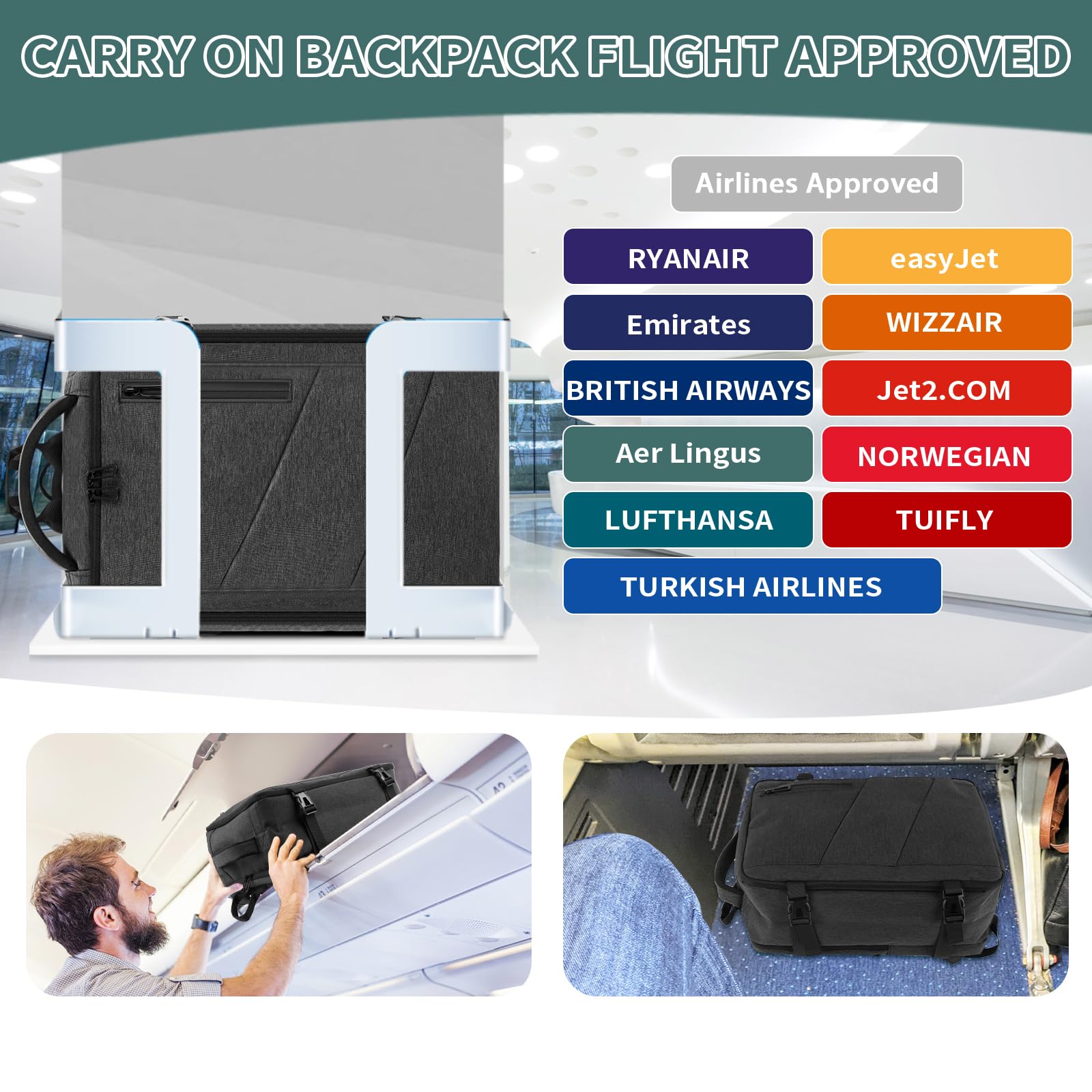 VOESLD Zaino da Viaggio 55x40x20, Bagaglio a Mano Grigio Scuro Porta PC Uomo Donna Impermeabile Con Porta USB 44L