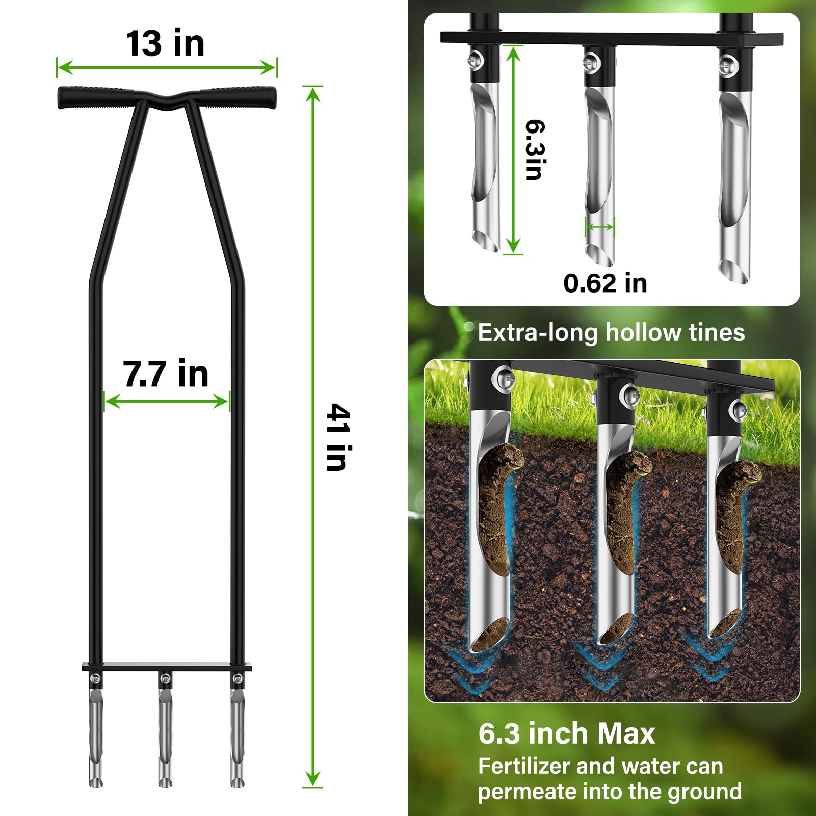 VASALAID Herramienta aireadora de césped, aireador de césped manual con 3 dientes huecos de acero inoxidable, herramienta de aireación de césped resistente para suelos compactados y cuidado del césped