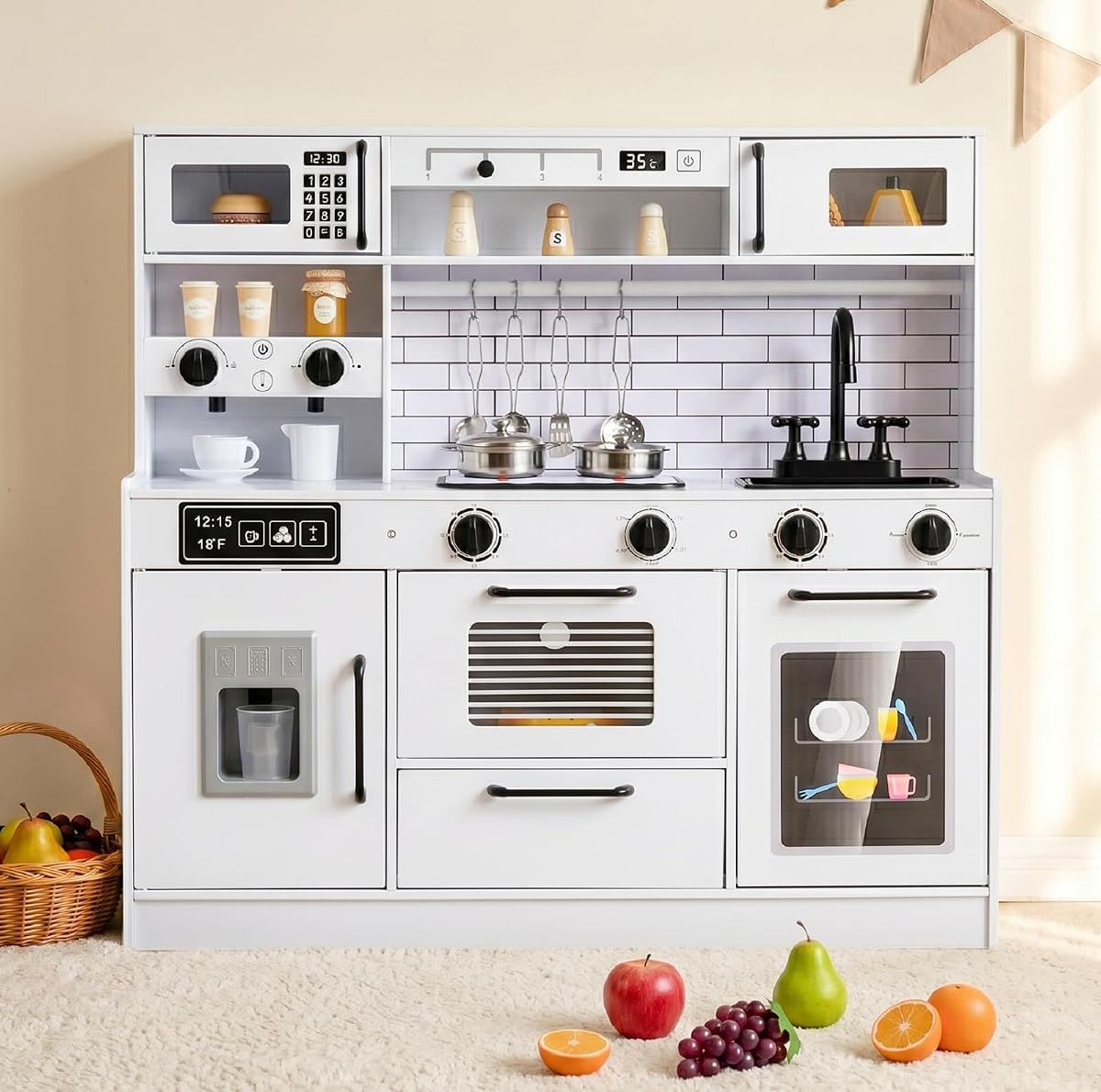 INFANS Kids Kitchen Playset, Wooden Pretend Play Kitchen with Realistic Light Sound, Toddler Cooking Toy for Boys Girls Aged 3+ (White)