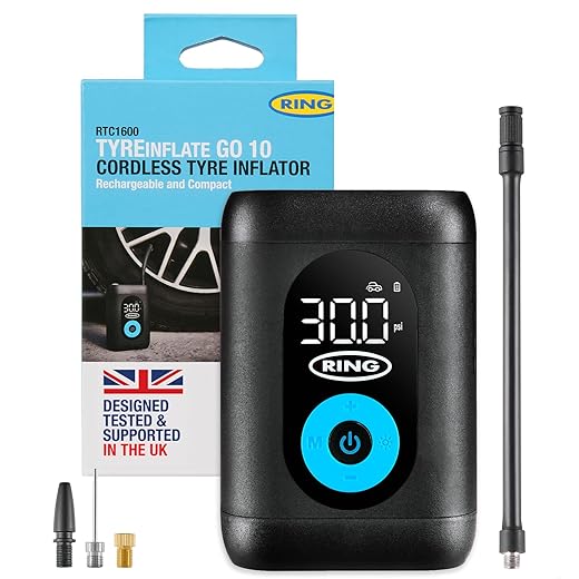 Ring Launches Its Smallest And Most Affordable Cordless Tyre Inflator 4 Ring Tyreinflate Go 10 Compact Cordless Tyre Inflator With Three Piece Adaptor Kit - Measures In Psi, Bar And Kpa
