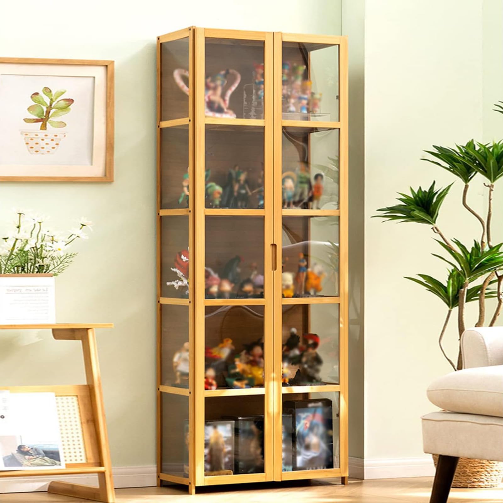 Vitrine De Curiosités En Bambou Et Acrylique - 5 étagères - Portes Magnétiques - Anti-poussière - Pour Figurines, Collections - Design Moderne - 4