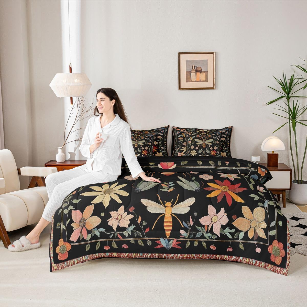 Feelyou Death Moth Comforter Set 7 Pieces Full Size Boho Moth Bedding Set for Kids Teens Adults Bohemian Floral Bed in a Bag 7Pcs,Comforter + Sheets + Pillowcases + Cushion Covers