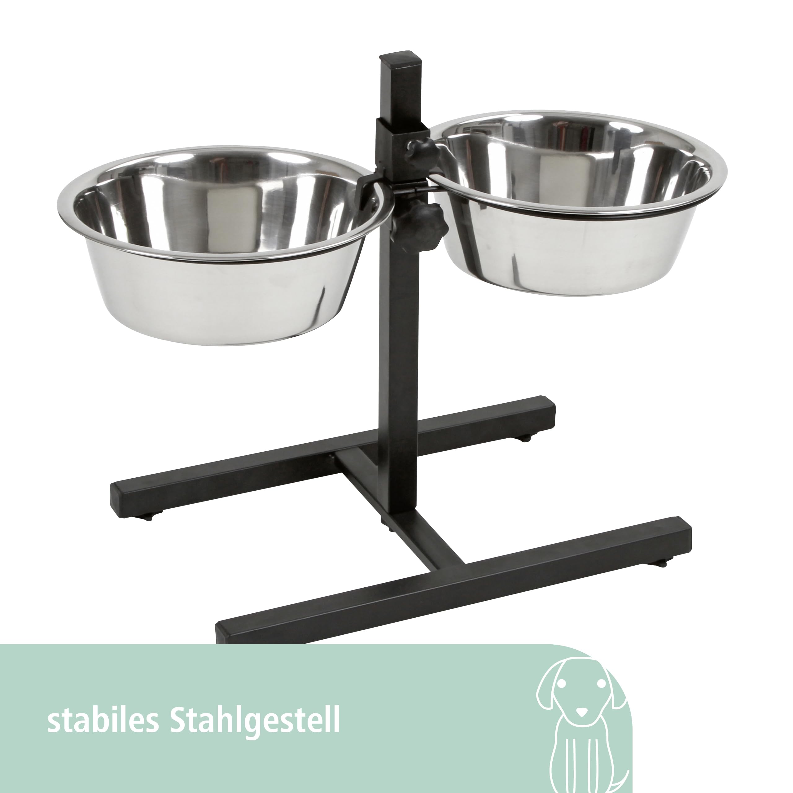 Kerbl Pet Futterbar, Hundenapf, schwarz, 54x27x43cm, 2x1800ml, Stahlgestell, Hunde, 2X Edelstahlnapf, stufenlos höhenverstellbar, erhöhter Futternapf