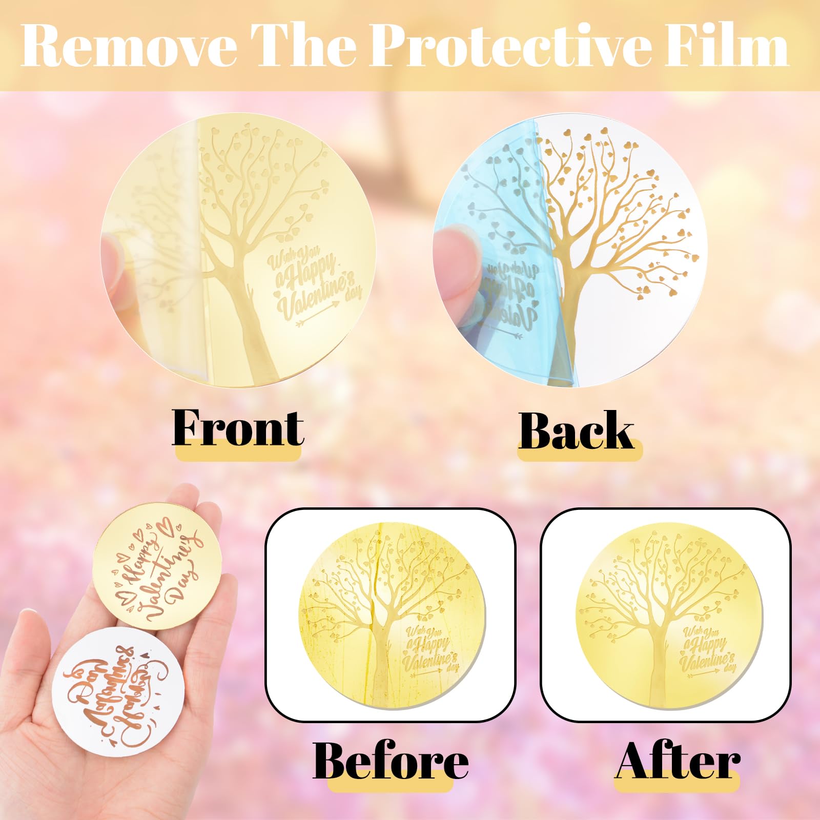 URROMA Valentine Gold Cupcake Toppers, 40Pcs Reflective Round Cake Dics Acrylic Cake Signs Mirror Cake Charms for Valentine's Day Gift Decor - Image 3