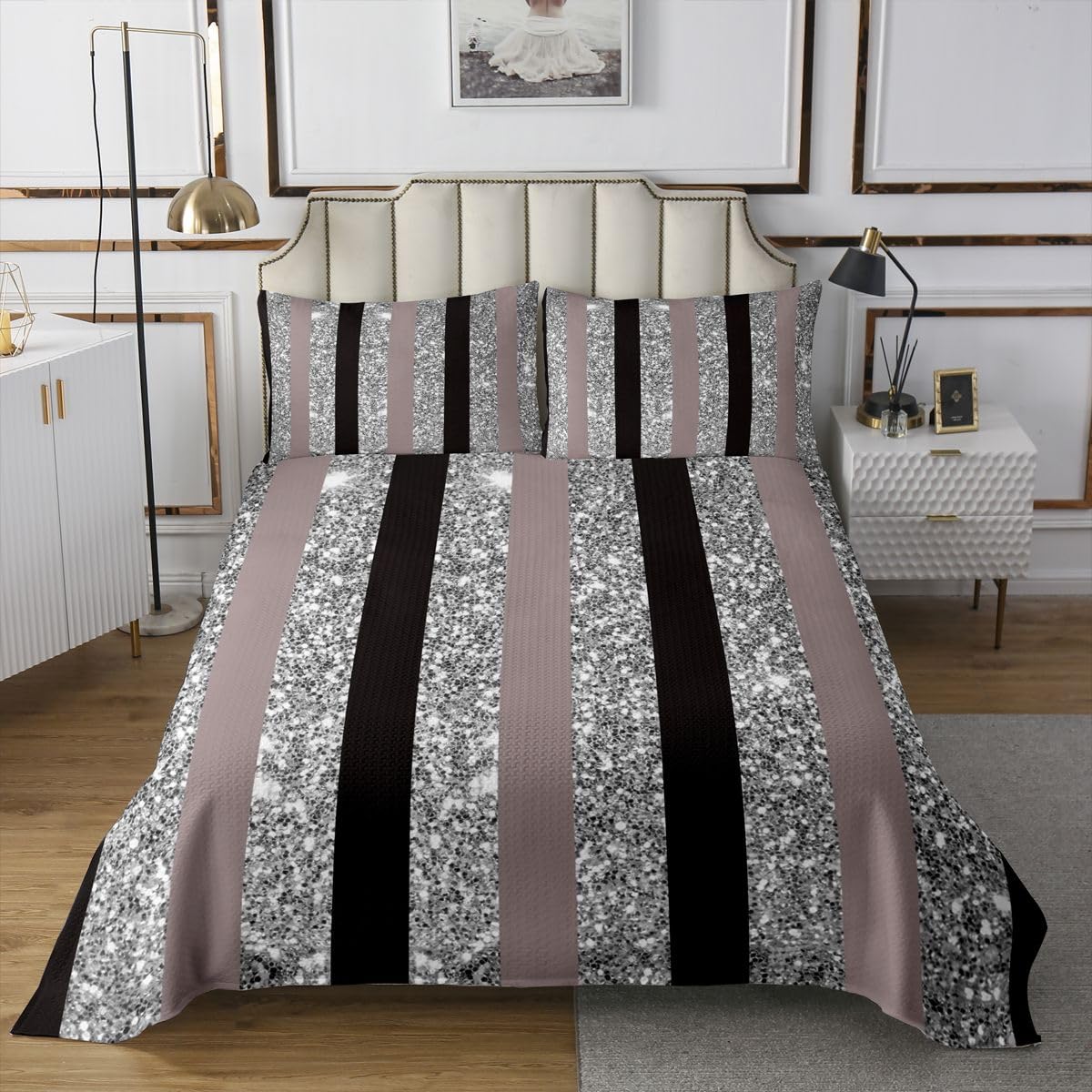 Loussiesd Set copriletto matrimoniale grigio nero a righe glitterate per tutte le stagioni con 2 federe geometriche in microfibra leggero e moderno a righe