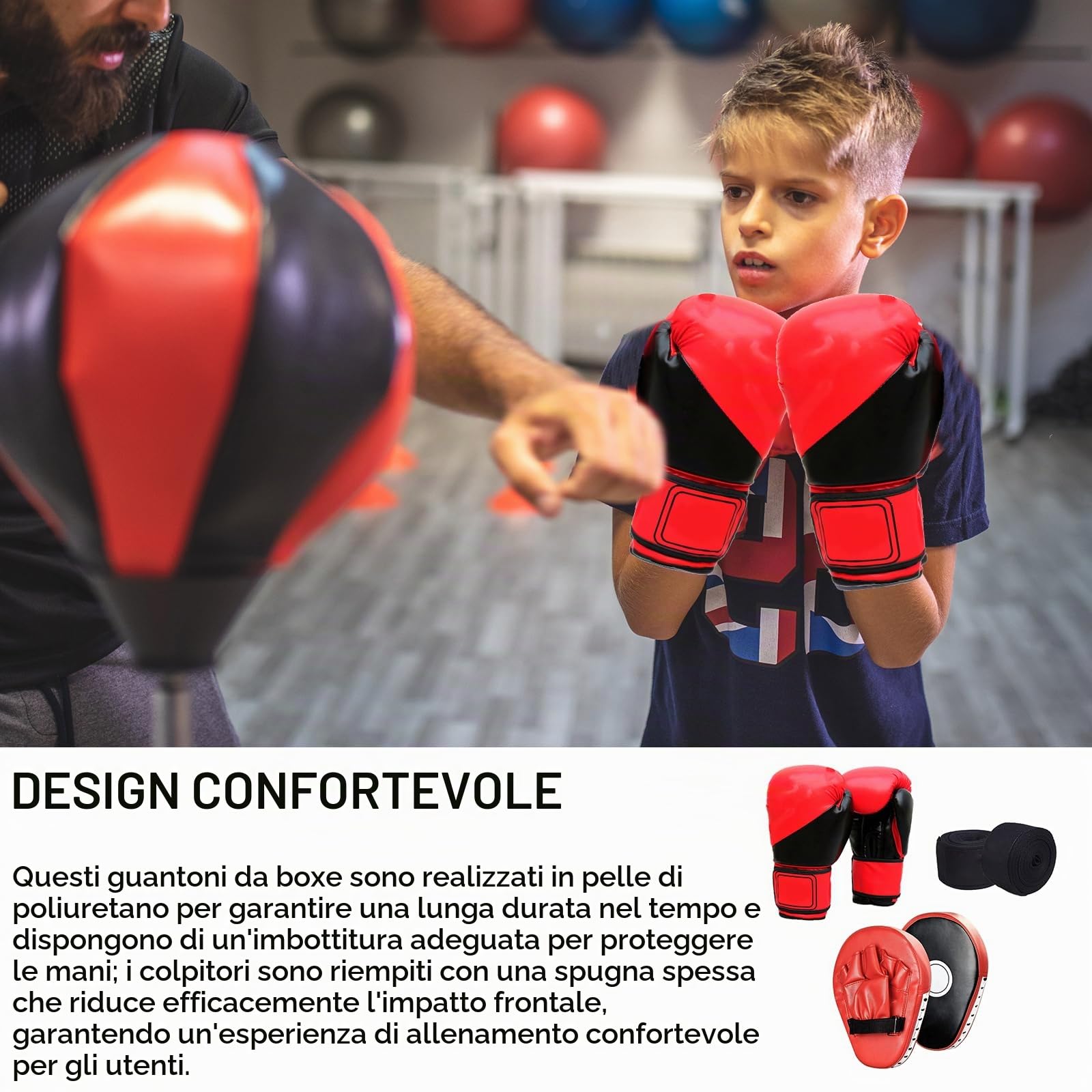 Set Di Allenamento Boxe, 1 Paio Di Guantoni Da Boxe Da 6 Oz E 1 Paio Di Protezione Per Le Mani In Pu