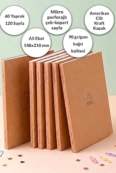 A5 Ebat Kraft Kapak Minimal İkonlu 6'lı Set 2*(Çizgili-Çizgisiz-Kareli) 120 Sayfa Defter Çek Kopart Sayfa Mikro Perforaj