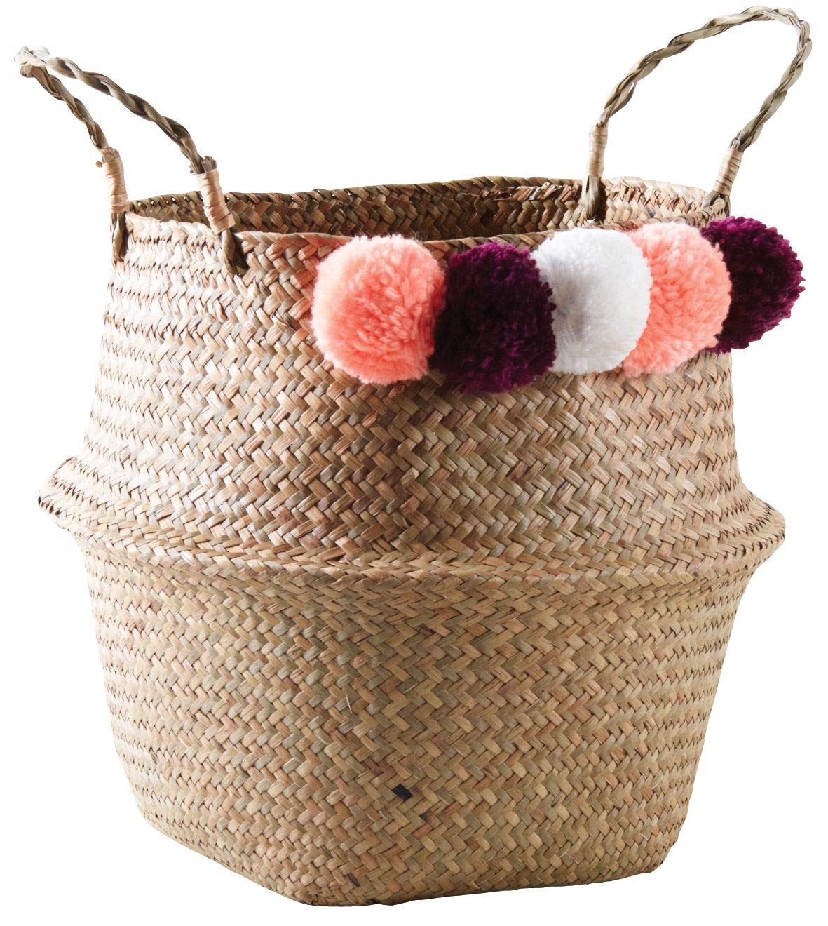 Panier rond en jonc naturel tressé avec finitions en coton