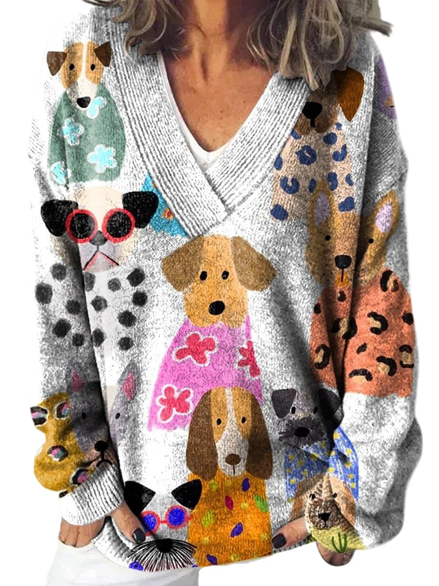 Womens Cat Print V Neck Sweater Long Sleeve Casual Knit Pullover Cute Fall Sweaters for Women