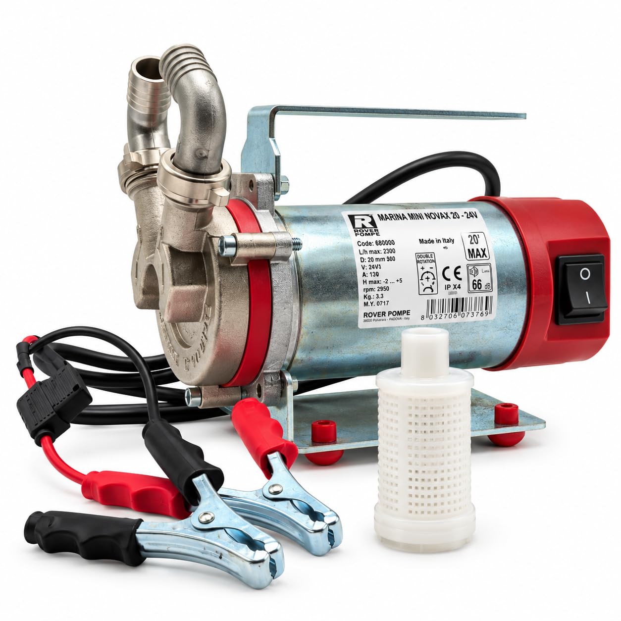 Pompe Rover Pompe MARINA MINI NOVAX 20-24V PC Pompa wstępnego ładowania z zaciskami akumulatorowymi do transferu płynów spożywczych (woda, wino, mleko, soki) 24 V DC