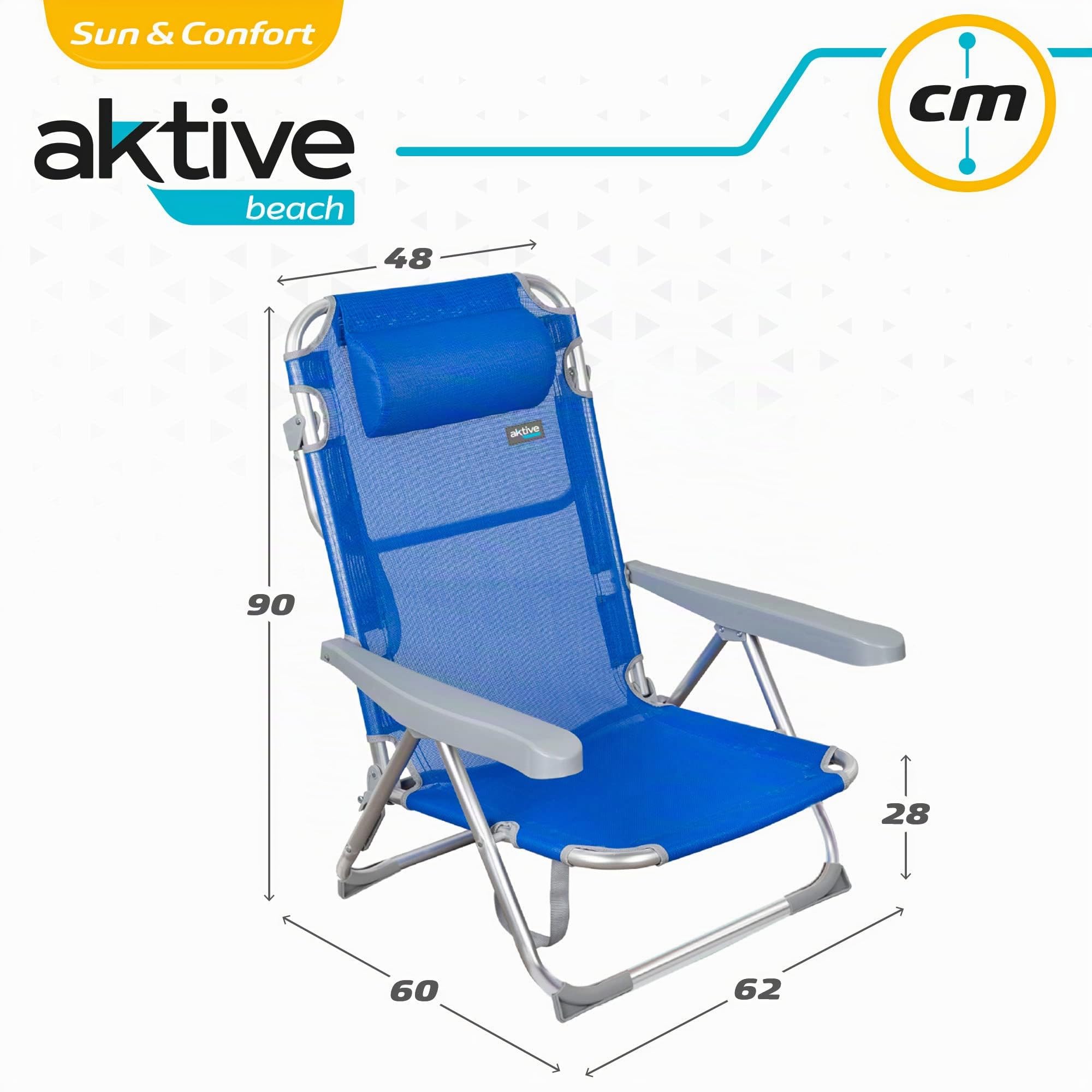 AKTIVE Beach - Lot de 2 Chaises de Plage Pliantes Gomera, Multipositions avec Dossier Réglable, Coussin, Protections Anti-Renversement et Poignée de Transport, 48 X 60 X 90 cm, Bleu