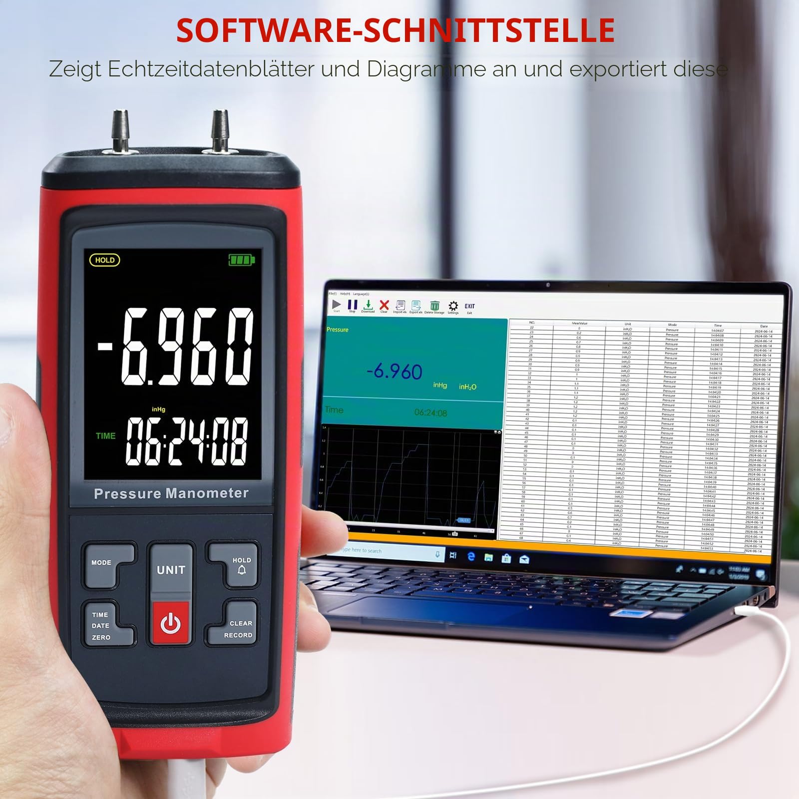 Manometer Datenlogger Digital Manometer Gasdruckprüfer mit ±200inH2O Messbereich, Differenzdruckmessgerät, 13 wählbare Einheiten, Manometer HVAC mit großem LCD-Bildschirm