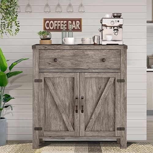 Miniatura 1 de Armario de barra de café de granja con puerta de granero y aparador de cajón almacenamiento de bufé gabinete de madera para cafetería gabinete de