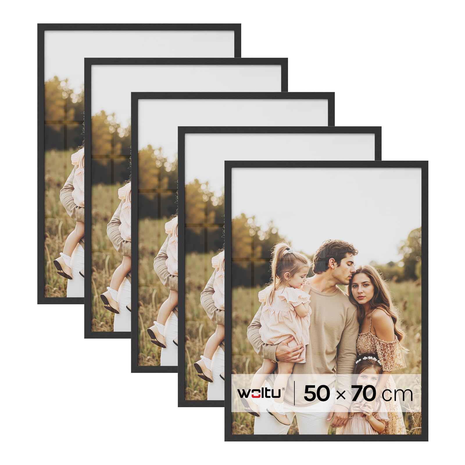 WOLTU Bilderrahmen 50x70, 5er set, MDF-Holz Fotorahmen mit Passepartout | Schwarz, Posterrahmen für Poster, Fotos, Puzzle, aufhängbar & aufstellbar, Collage-Wanddeko mit bruchsicherer PS-Platte