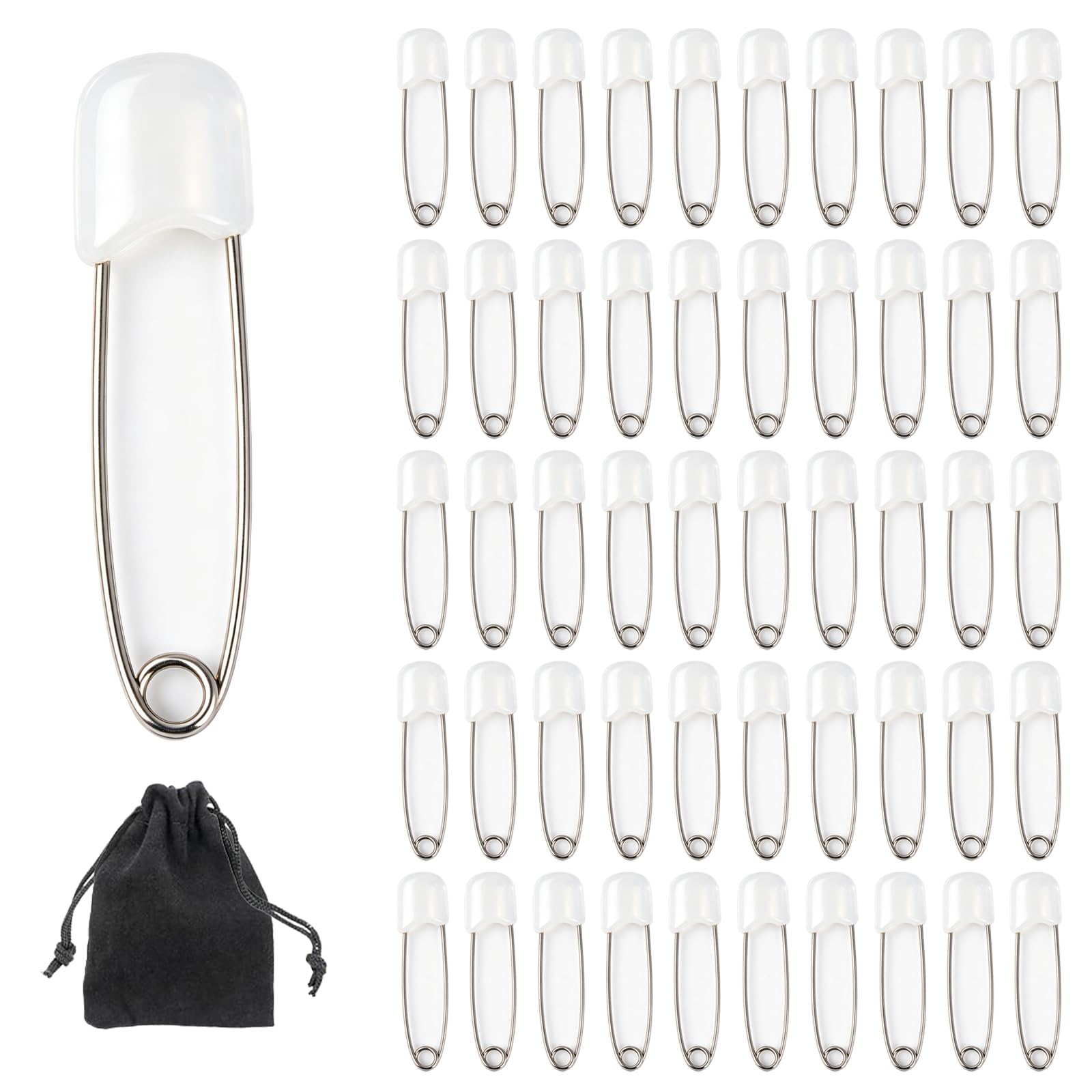 50 Pcs Nappy Pins - 55 mm Safety Lock Diaper Pins with Plastic Heads - Stainless Steel Pins for Cloth Nappies, Terry Squares, Sewing, Laundry and Craft Use - White with Storage Bag