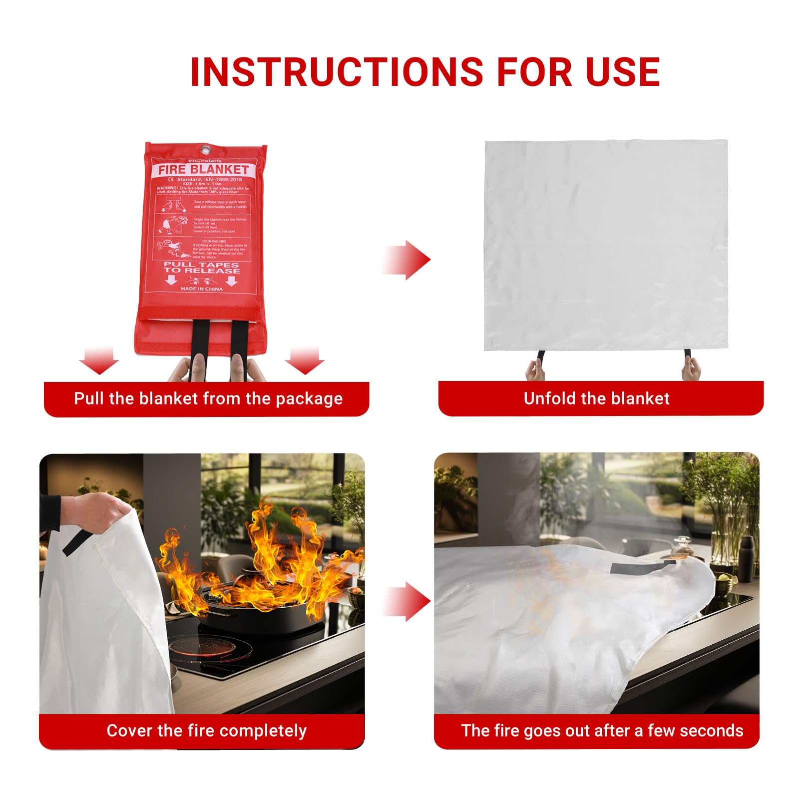 Manta de emergencia resistente para el hogar y la cocina, 40 x 40 pulgadas, manta ignífuga de fibra de vidrio de clase K para el hogar, cocina, parrilla, coche (paquete de 1)