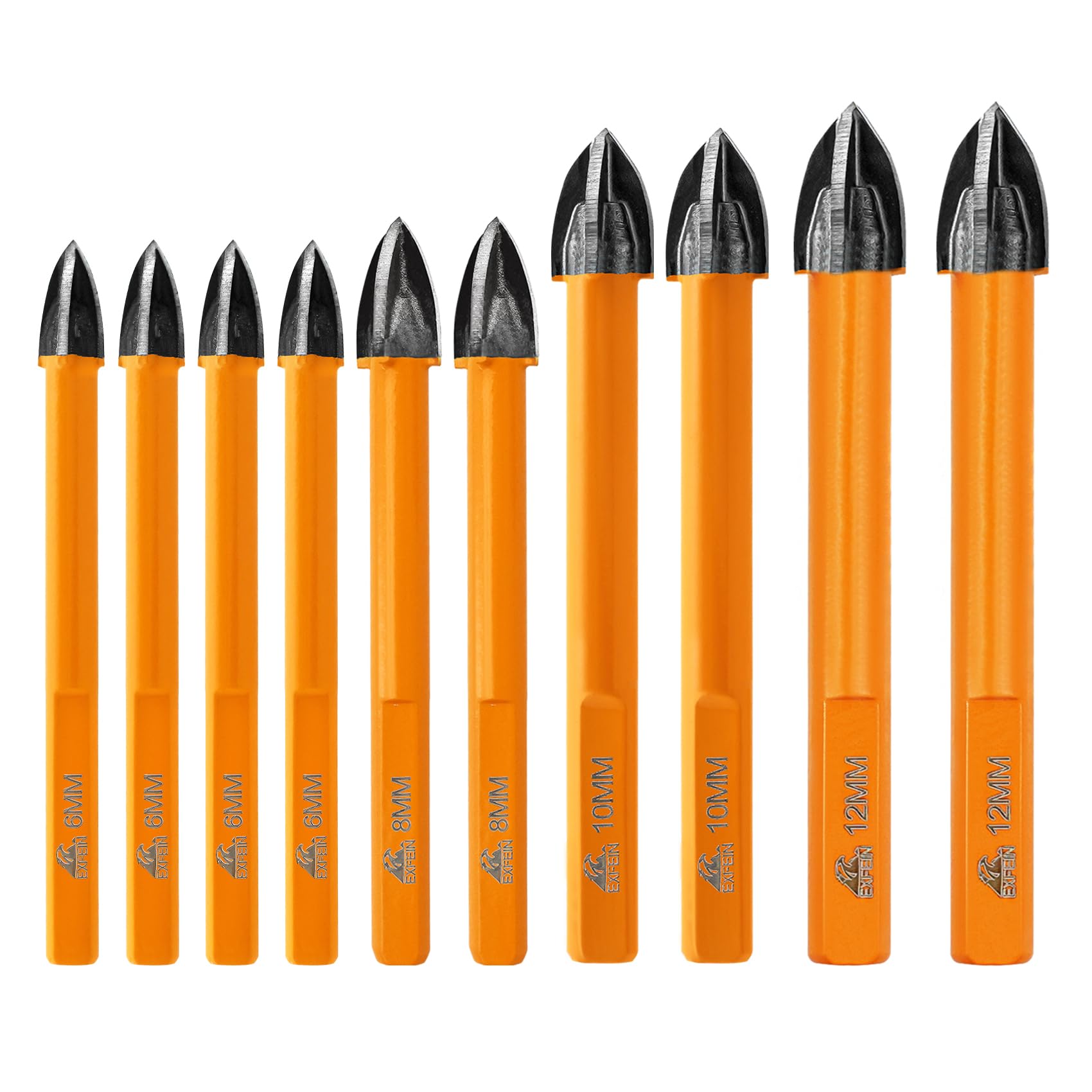 EXFEIN Diamond Tile Drill Bits 10pcs - 6/6/8/10/12mm with Triangle Shank for Porcelain Tile Wood Plastic, set 4