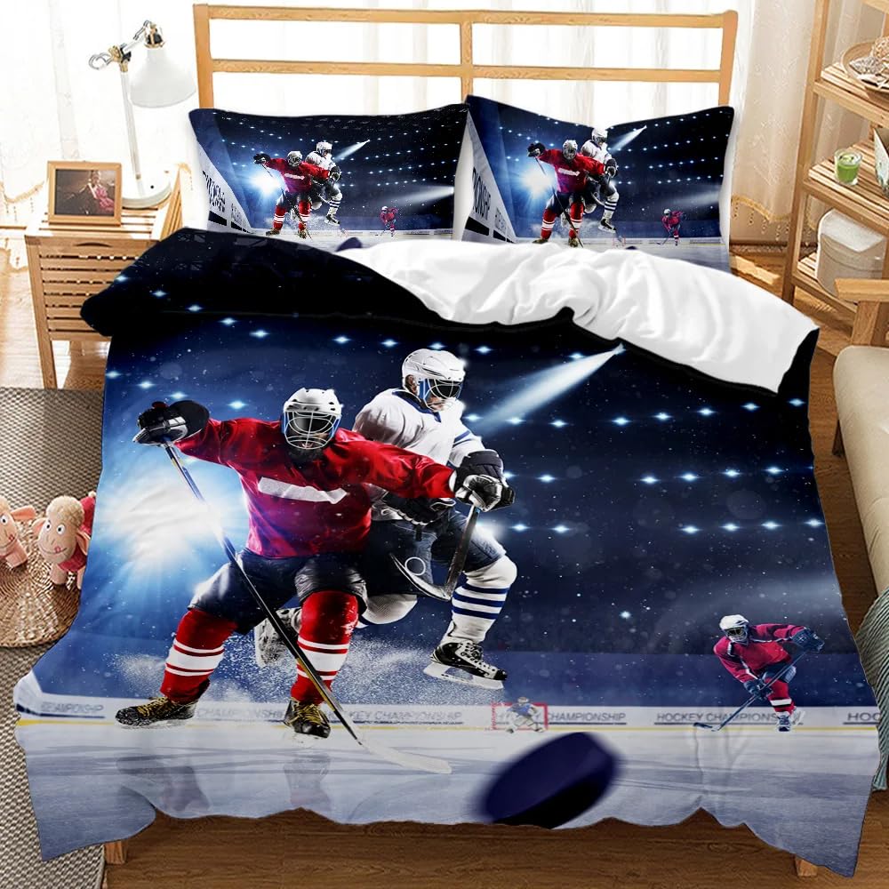 QBIDCSX King Size Duvet Cover Sets Hockey Bedding Set with Zipper Closure Breathable Hypoallergenic Microfiber Quilt Cover 94.5"x 86.6"(240x220 cm) + 2 Pillowcases 19.7"x 29.5"(50x75 cm)