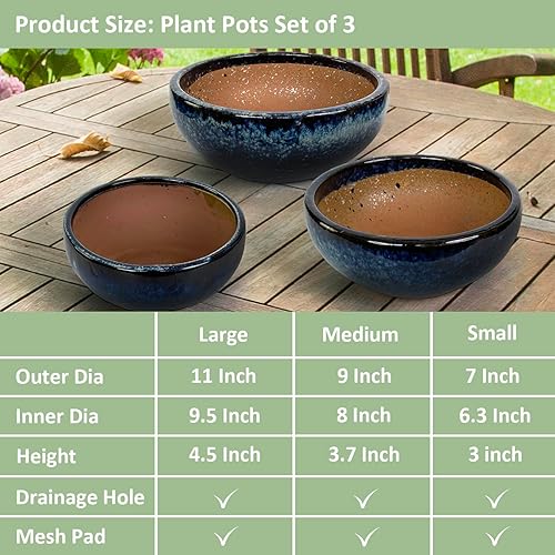 Miniatura 7 de Maceta para suculentas de 11, 9 y 7 pulgadas, con almohadillas de drenaje y malla, maceta redonda grande de cerámica para plantas de interior y