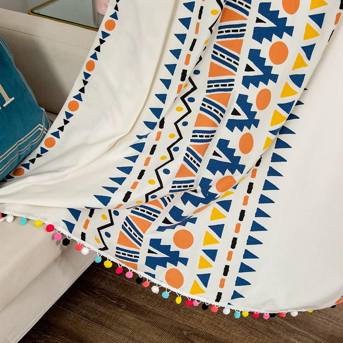 vctops Bohemian Geometric Print Cotton Linen Curtains Panel with Colorful Pompom Grommet Curtain Country Room Darkening Bedroom Living Room Window Curtain 1 Panel (59"x87",Colorful)
