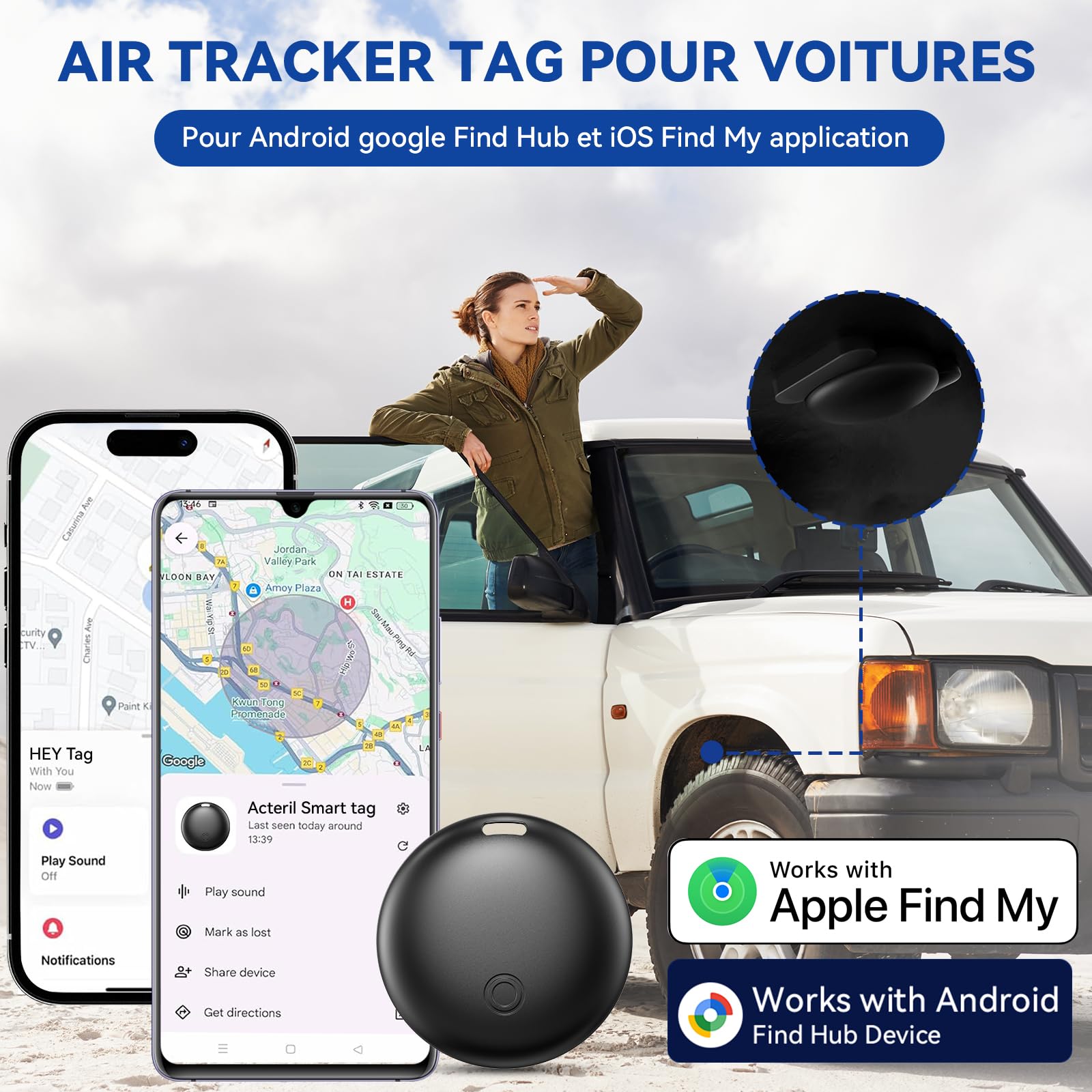 Traceur GPS Voiture, Car GPS Tracker pour Android y iOS, Magnétique Tracker de Voiture sans Abonnement, Invisible Bluetooth Smart Tag pour Moto/Wagons/Vélo (Noir)