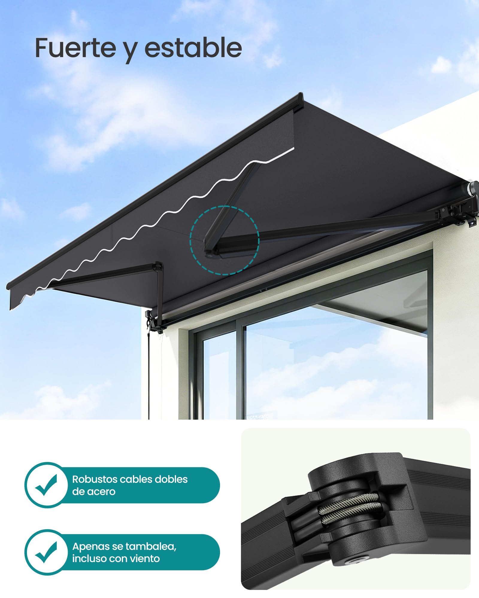 SONGMICS Toldo de Brazos Articulados, Toldo con Manivela, Parasol para Balcón, UPF 50+, Aleación de Aluminio, Ajustable, 300 x 250 cm, Gris GSA306GZ01