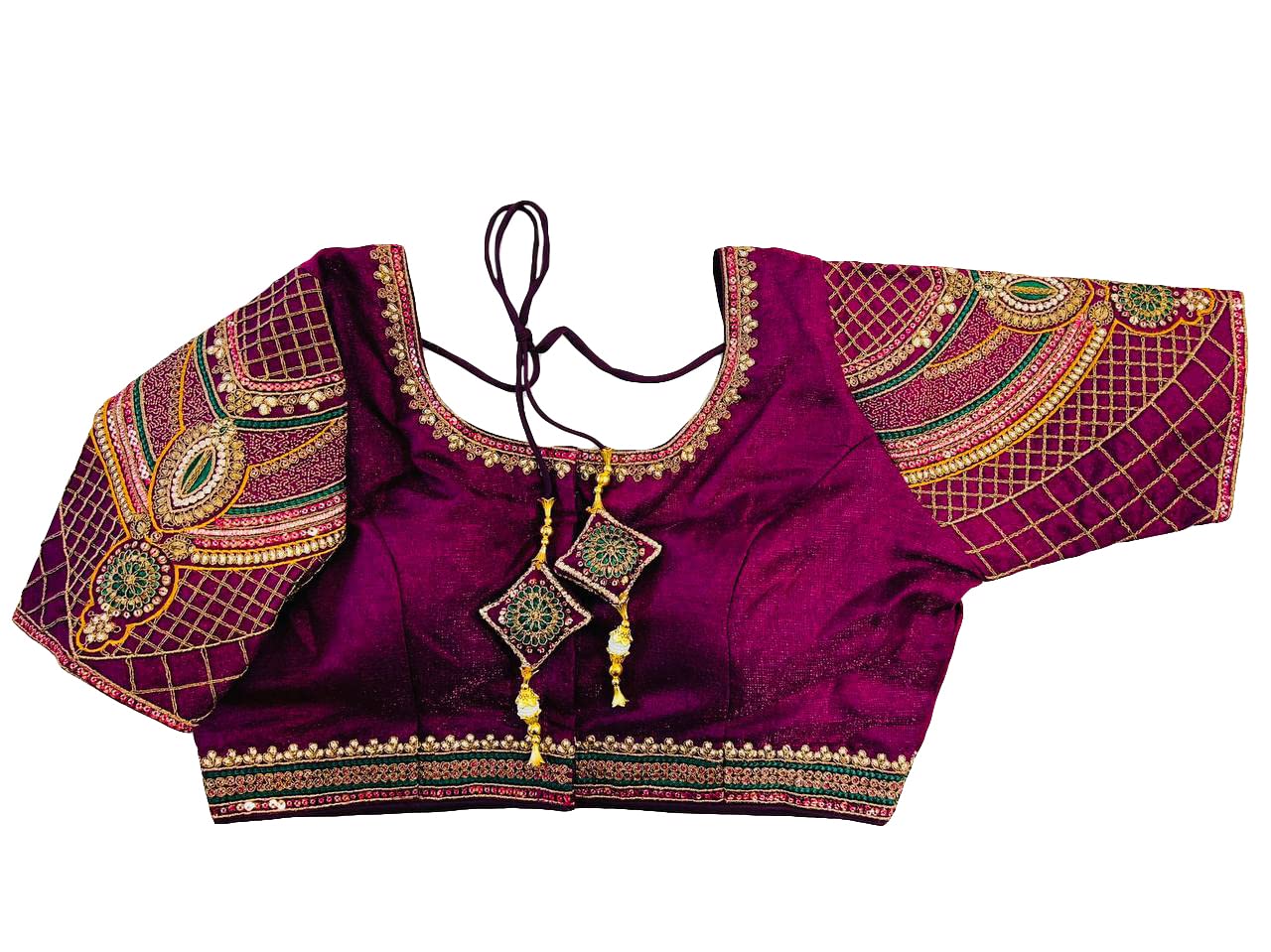 Pujia Mills Women's Milan Silk Copper Zari Codding Embroidery With Sequins Work Saree Blouse(Vardha Wine)