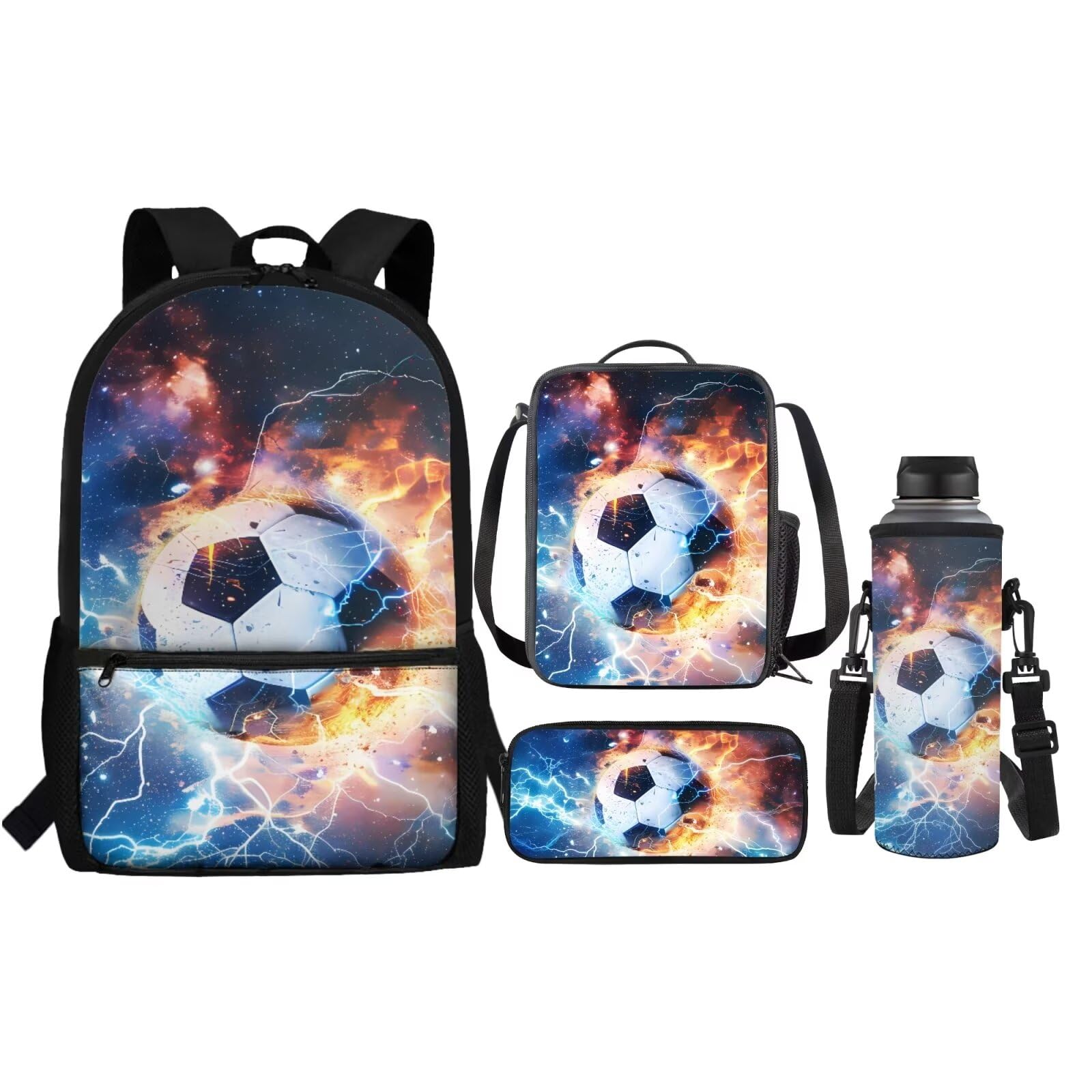 Renewold Soccer Novelty Print Travel School Backpack Set, Set 4 in 1 Back to School Supplies, Bookbag Student Book Bag, Daypack Lunch Box Pencil Bag