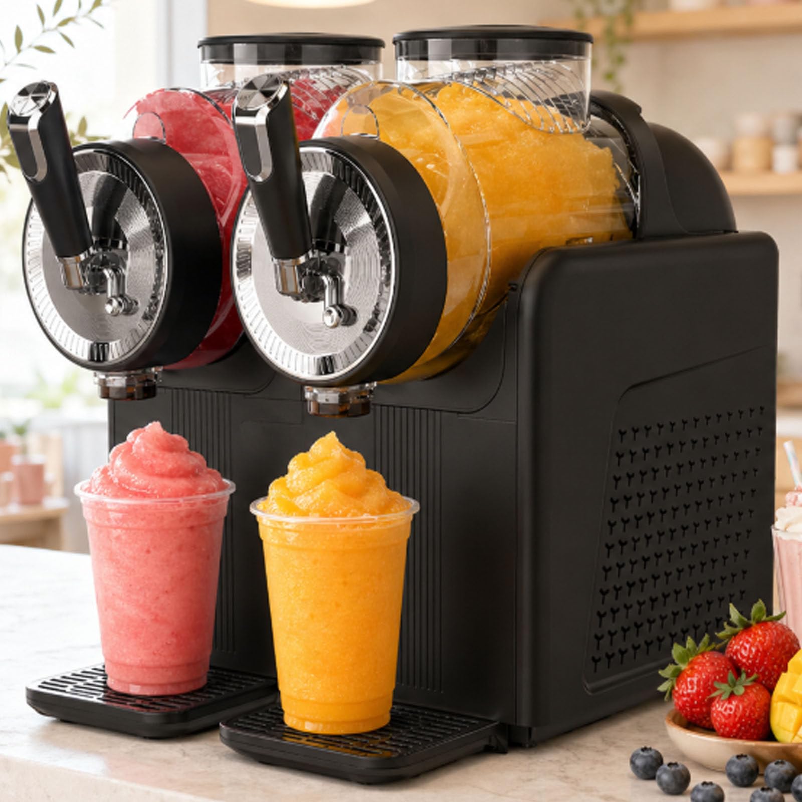 DECAKE Automatic Slushy Maker, 7-In-1 Slushie Machine,2 * 2l Tanks Soft Ice Cream Machine,Automatic Cleaning,Kid Lock,Countertop Cold Drink Maker For Milkshakes, Smoothies, Black