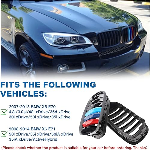 Miniatura 82 de Parrilla de riñón para parachoques delantero, color negro brillante, compatible con BMW X5 E70 X6 E71 2007-2014 doble listón doble línea Láminas