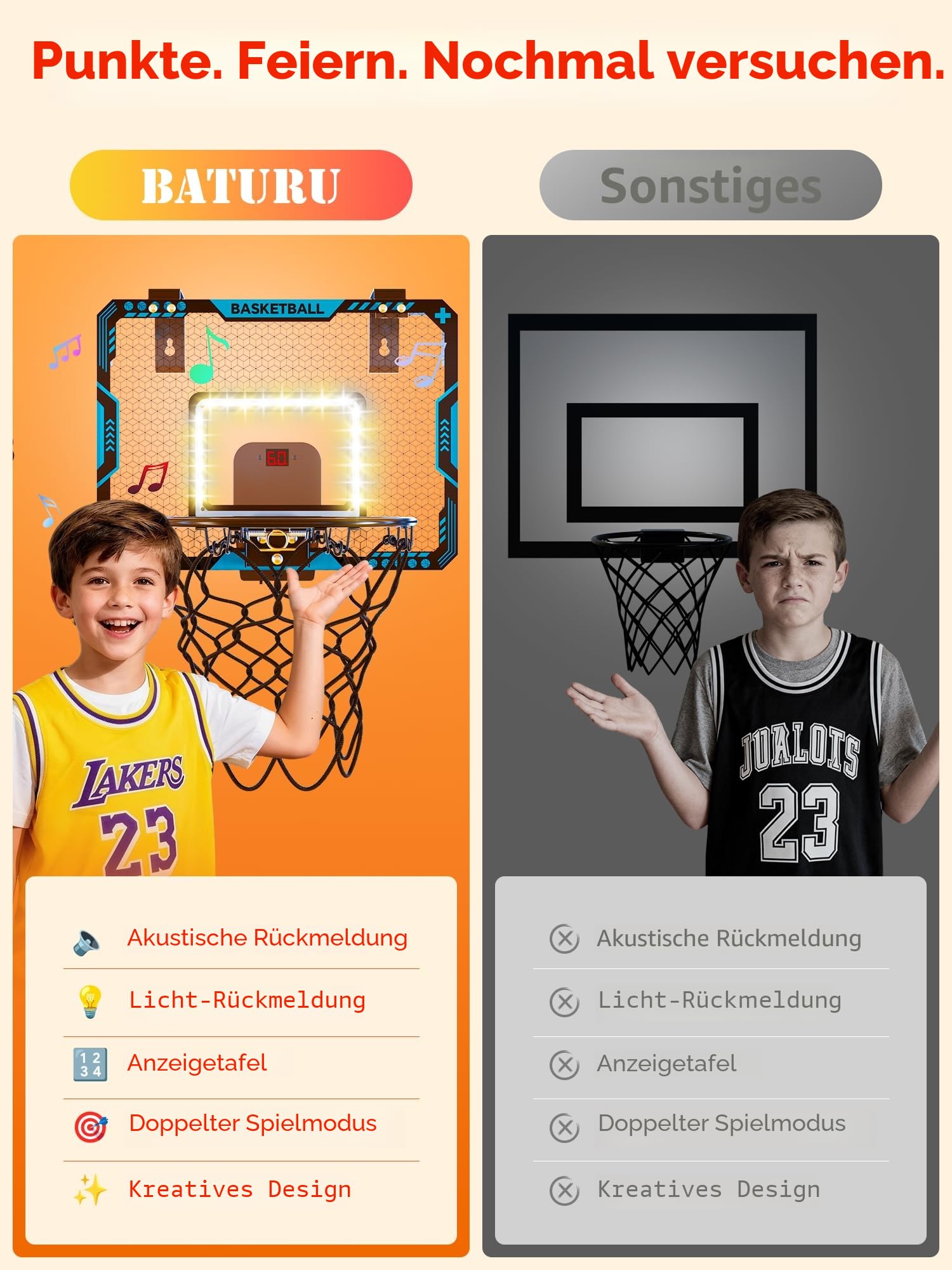 BATURU Mini Basketballkorb Indoor mit LED Anzeige & Sound, 3 Bälle + Pumpe, Geschenk Junge 5-12 Jahre