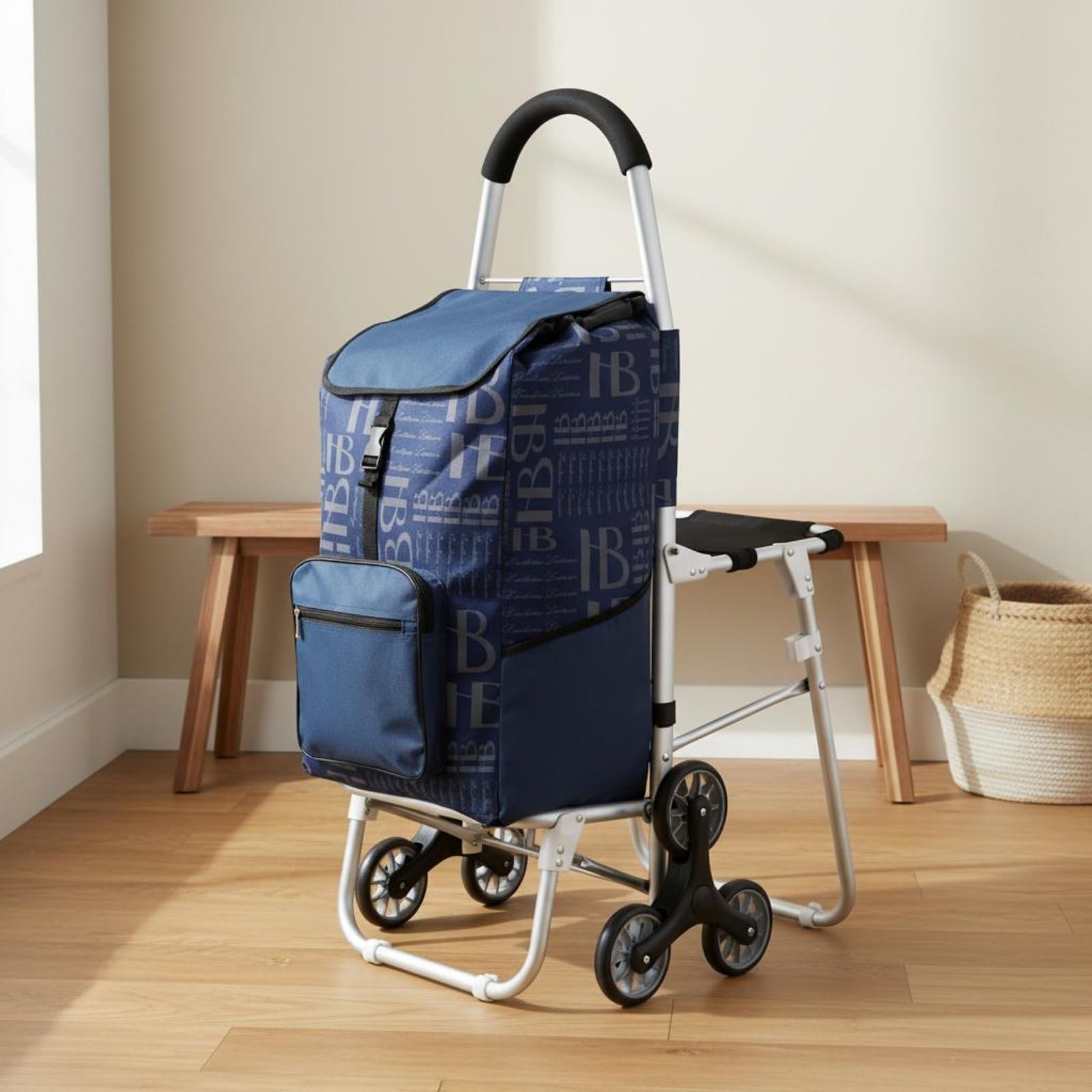 kowaku Carrello Pieghevole con Sedile Trolley per Sedia Pieghevole con Struttura Robusta in Alluminio Tessuto Oxford Resistente Funzione di Supporto Durante, Blue, Flat Ground